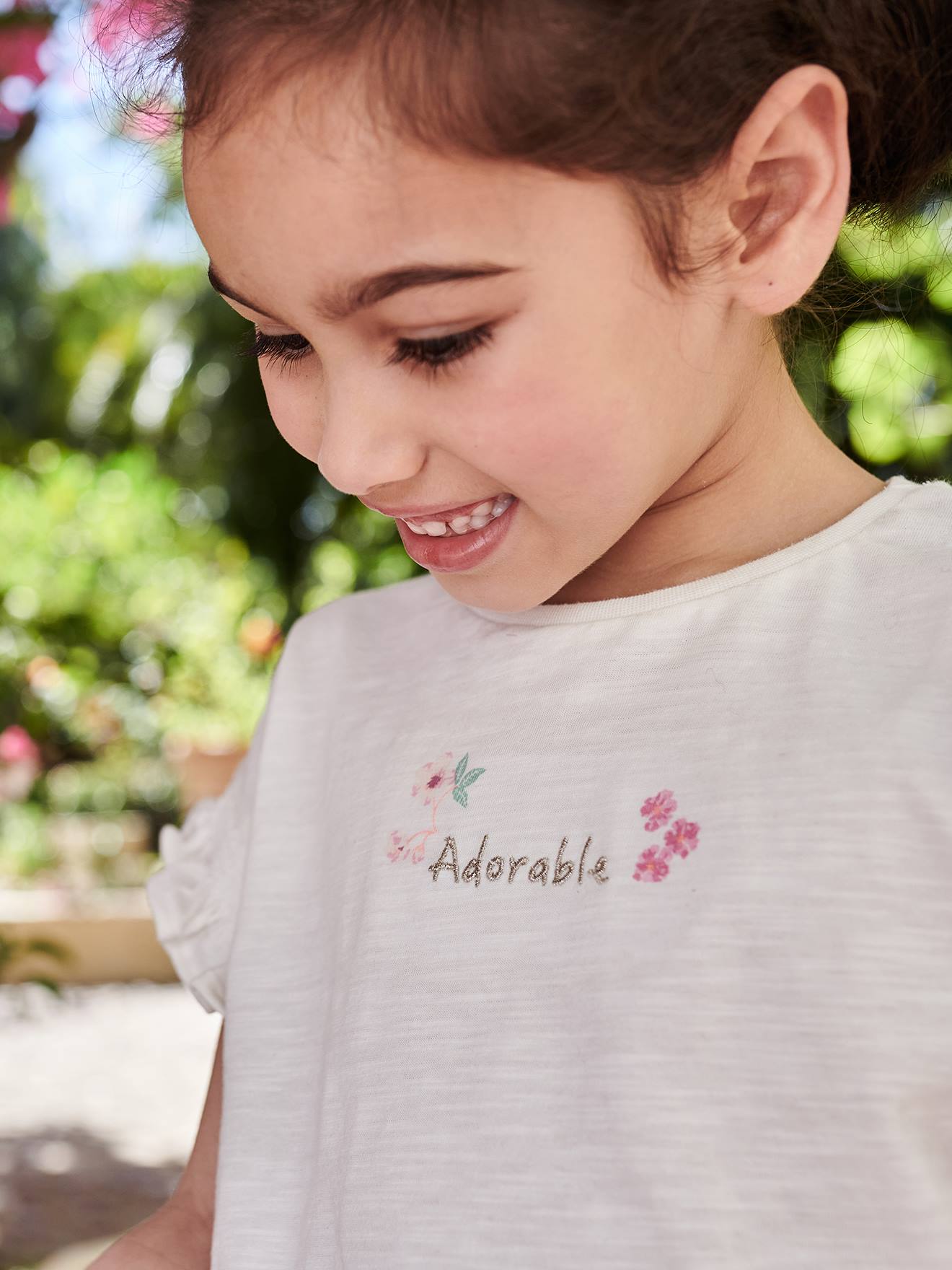 T-shirt fille brodé adorable manches courtes smockées écru