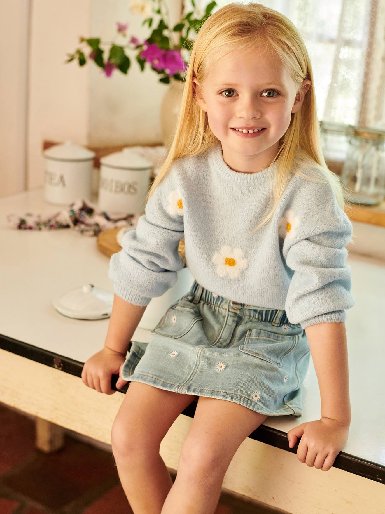 Jupe en jean brodée fleurs fille double stone