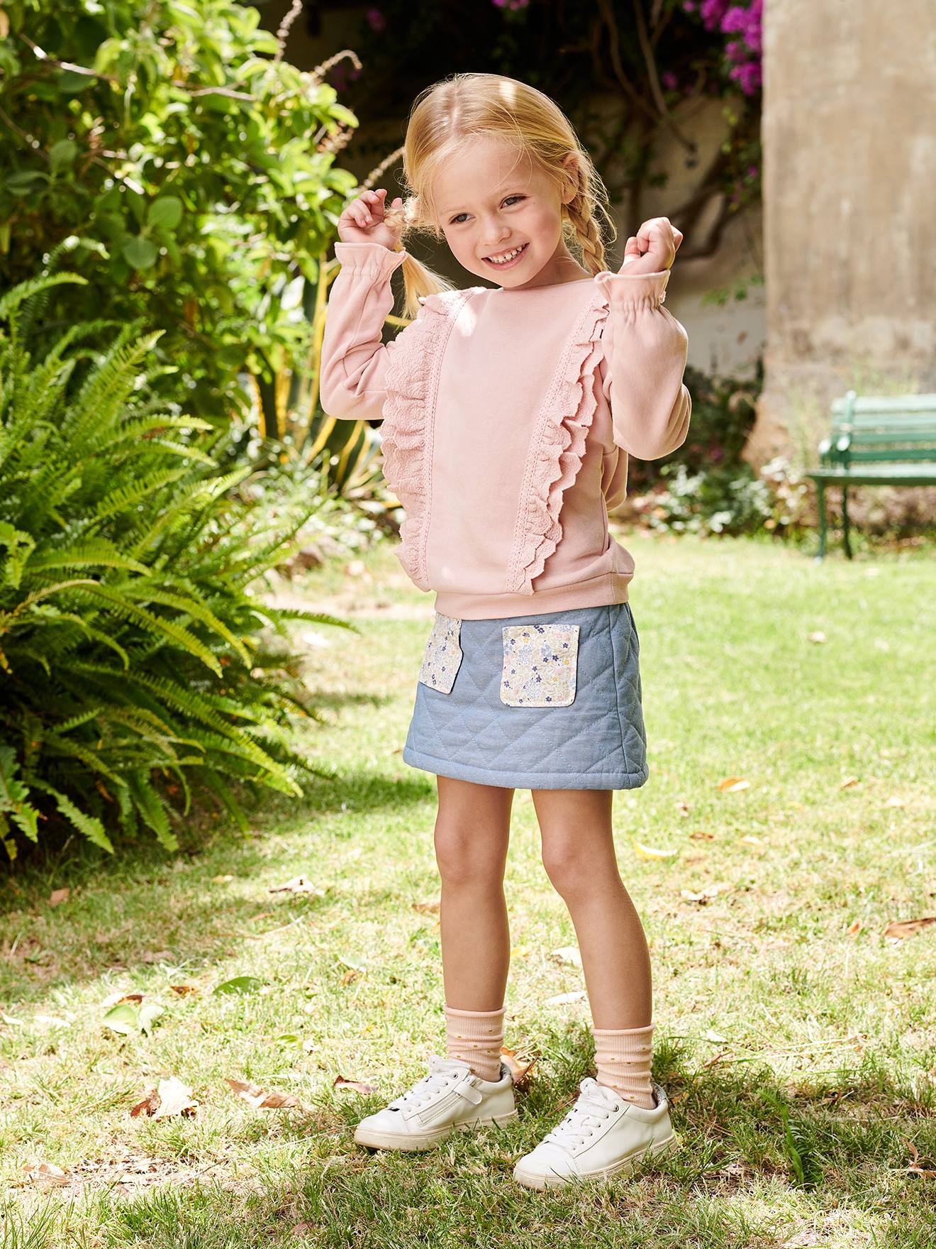Jupe en denim matelassé fille poches imprimées fleurs double stone