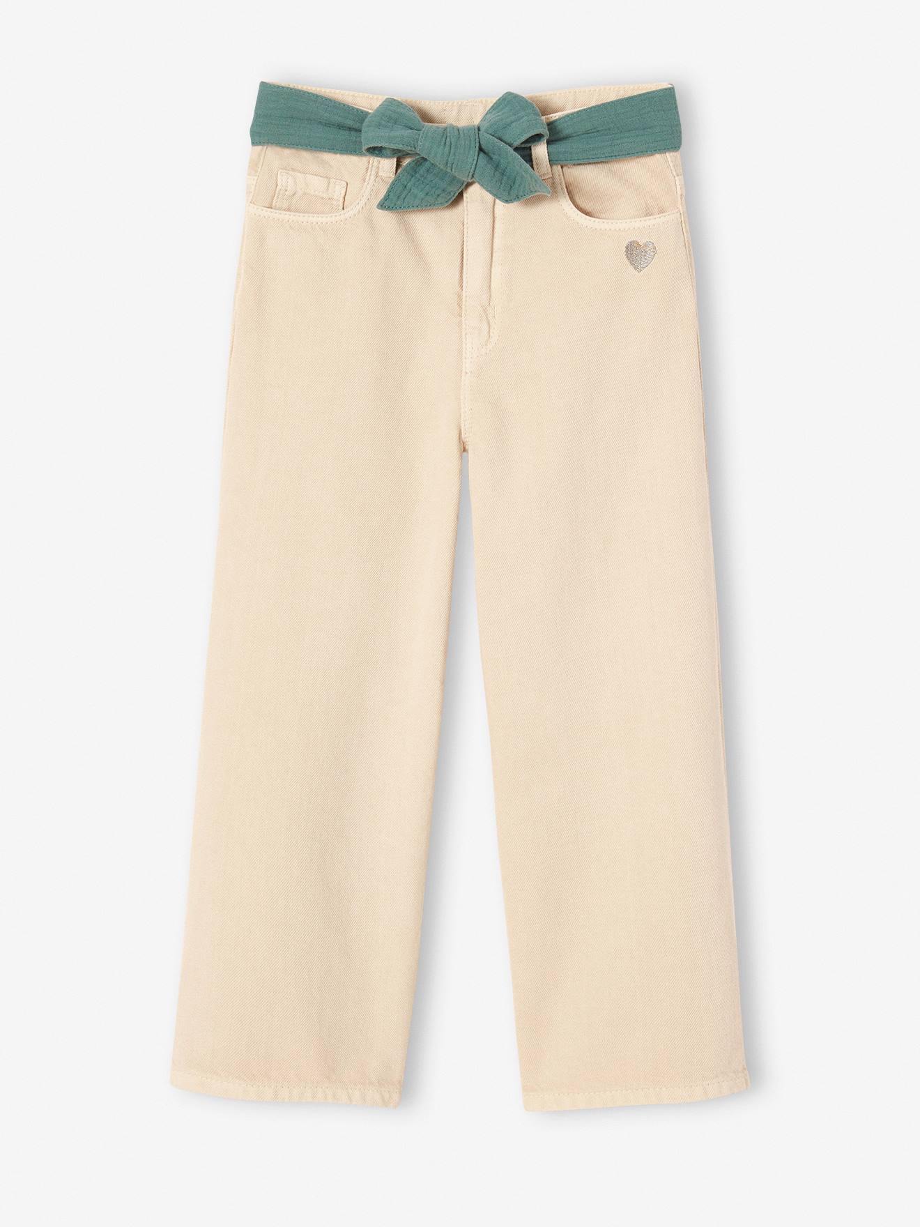 Pantalon évasé fille avec ceinture en gaze de coton écru