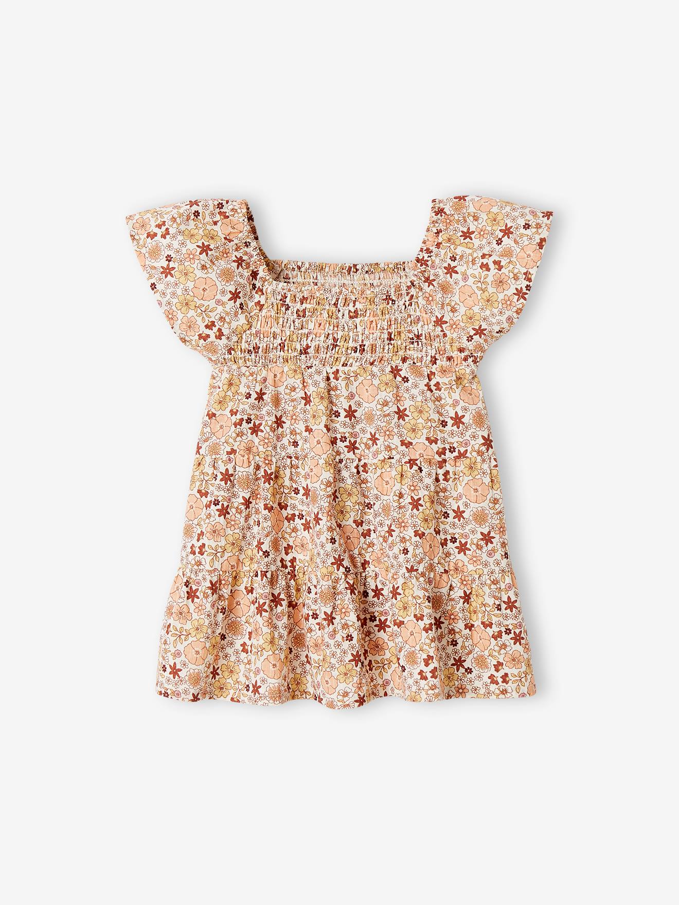 Robe fleurie bébé avec smocks écru