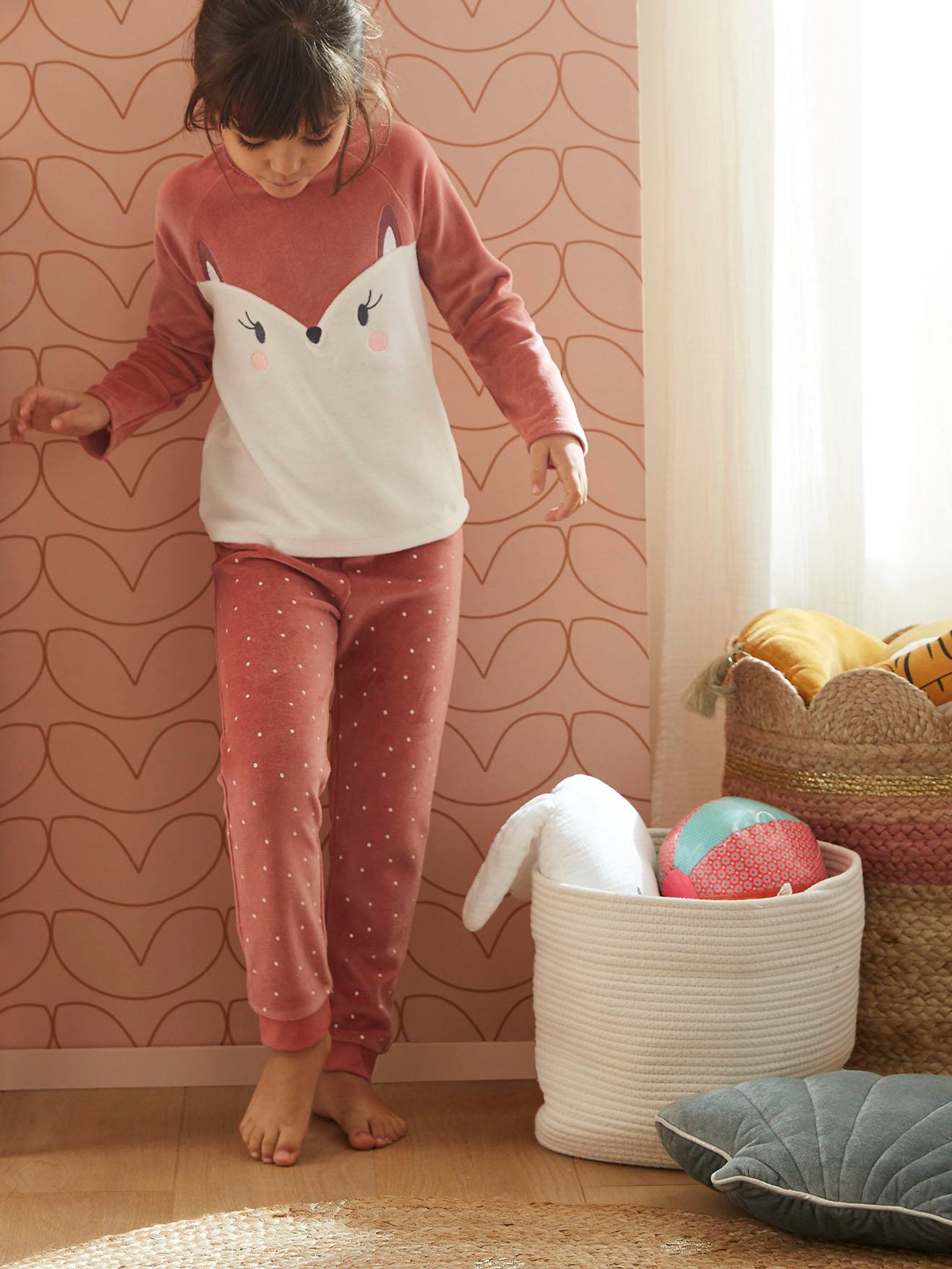 Pyjama fille renarde en velours rose fonce