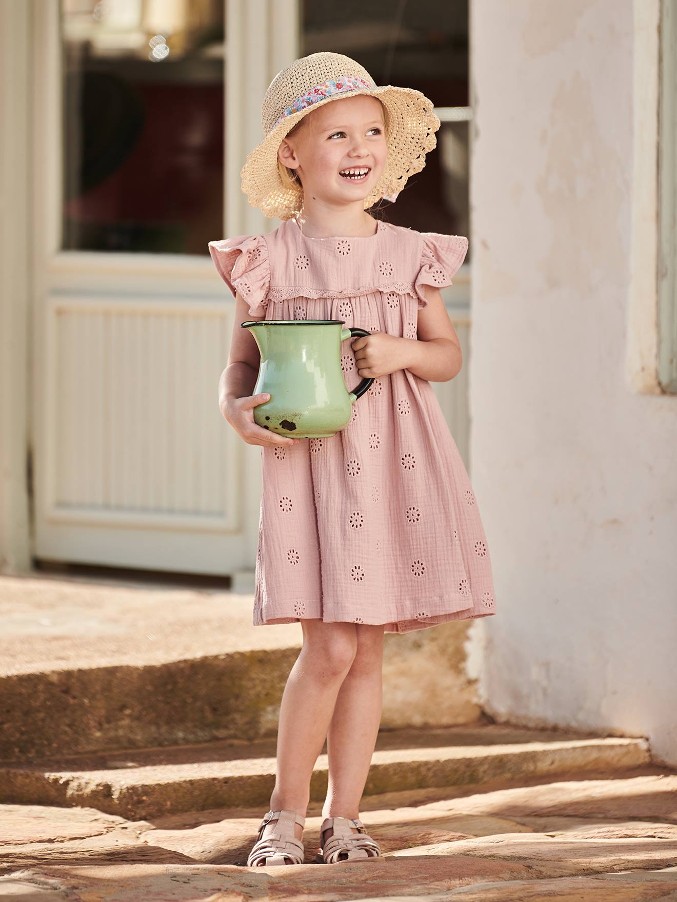 Robe cérémonie brodée fleurs en gaze de coton fille rose poudré