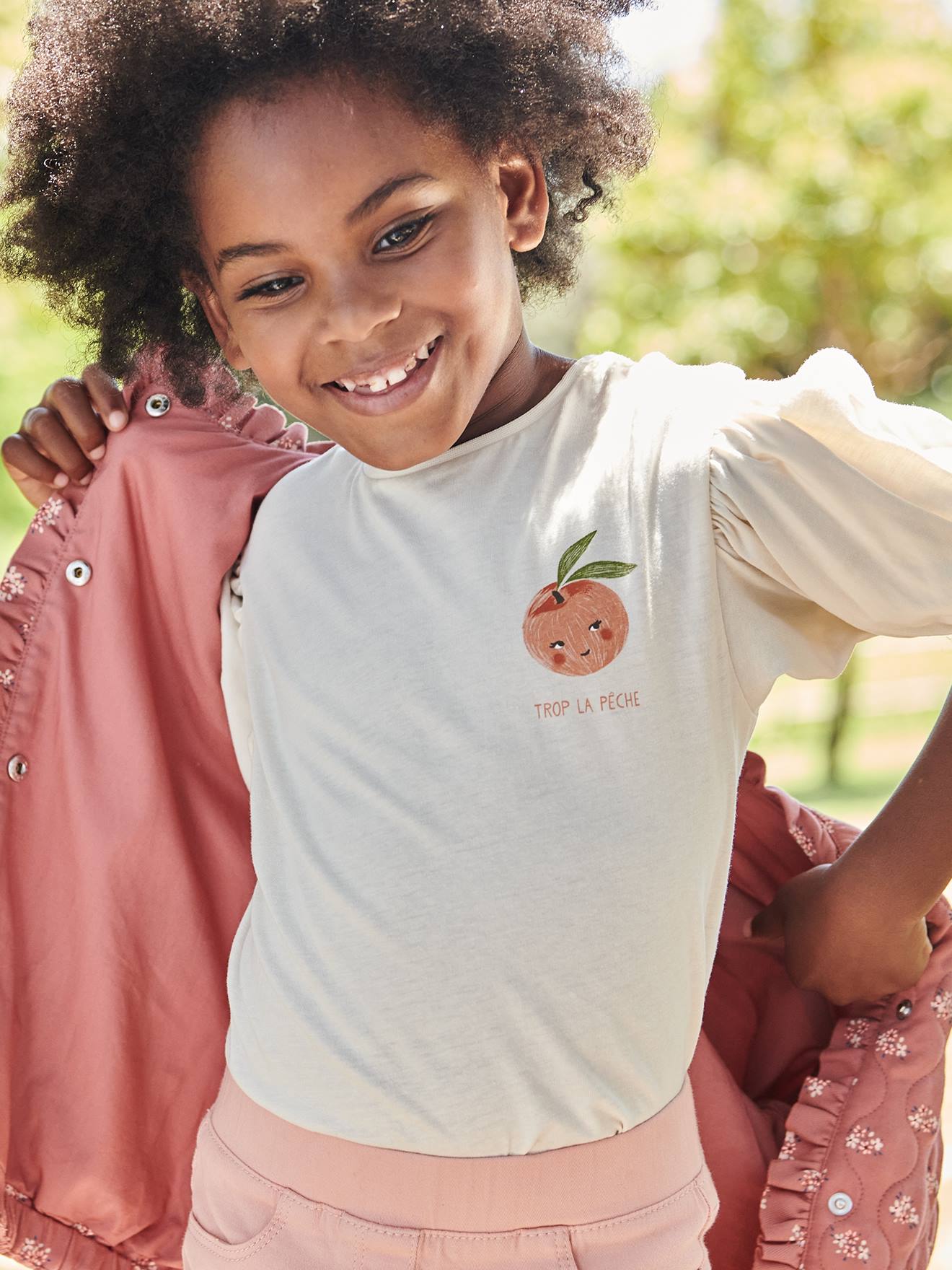 T-shirt manches boules fille motif fruit poitrine écru