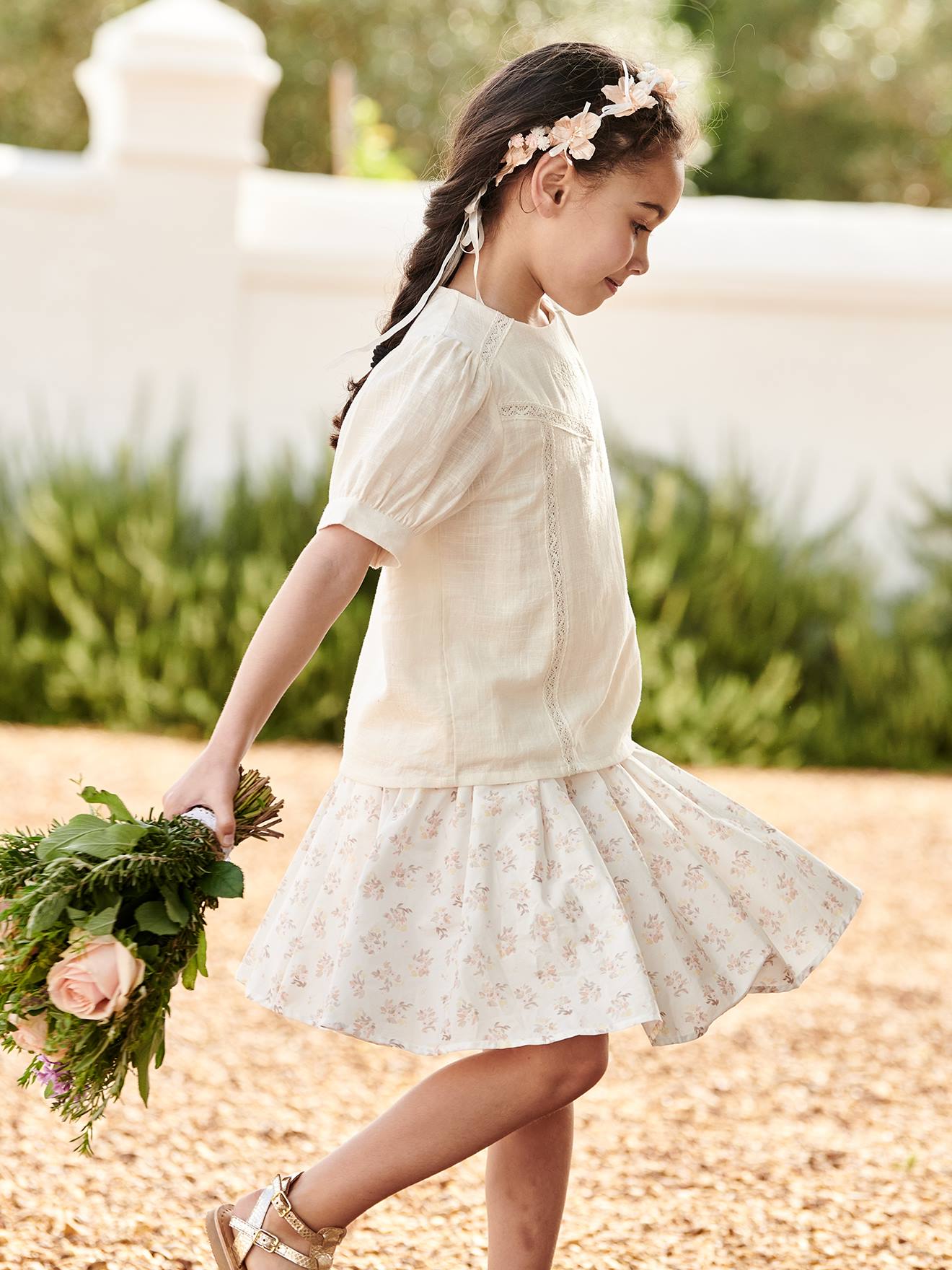 Jupe de cérémonie à fleurs fille écru