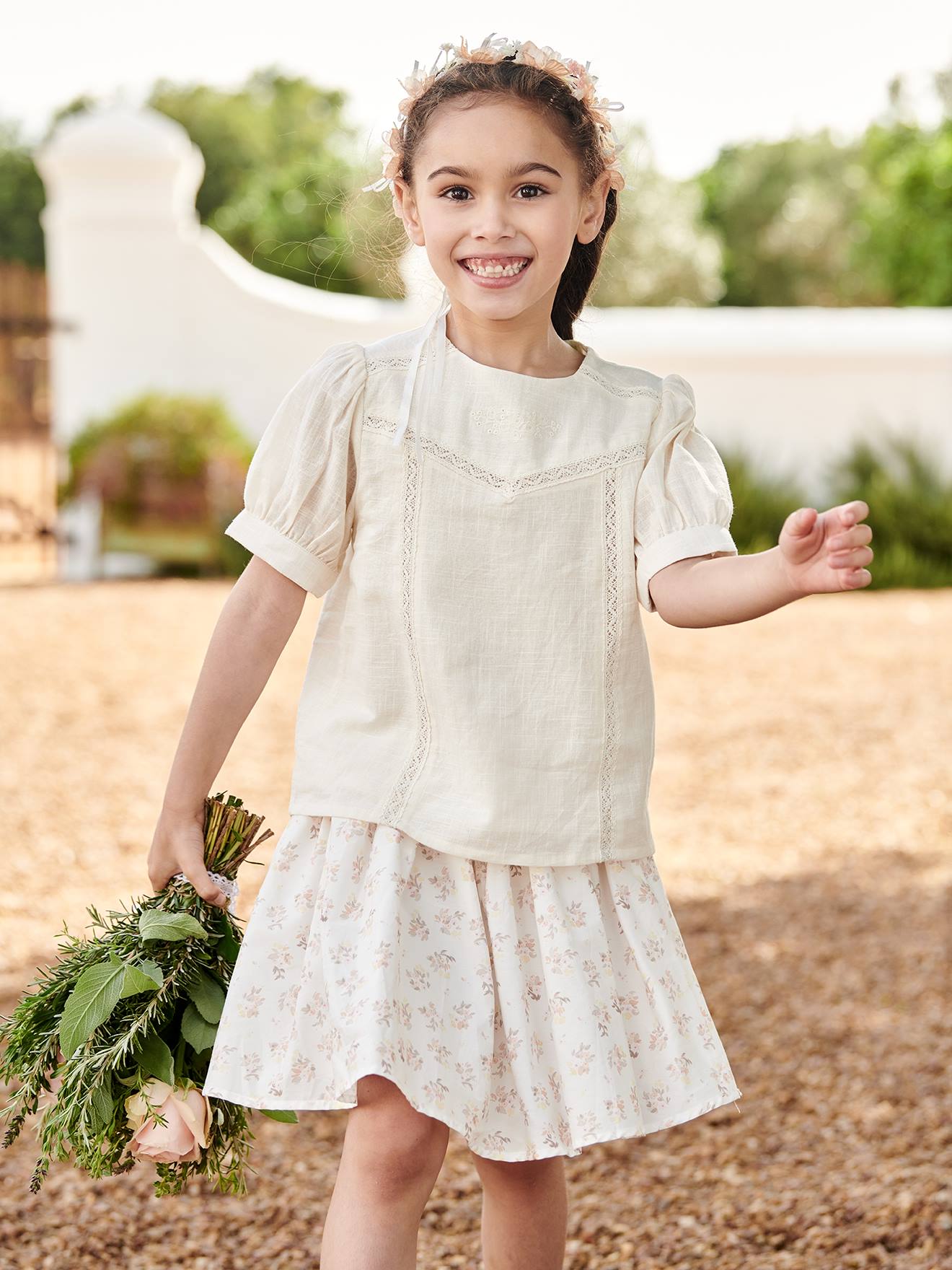 Blouse à dentelle effet lin fille écru