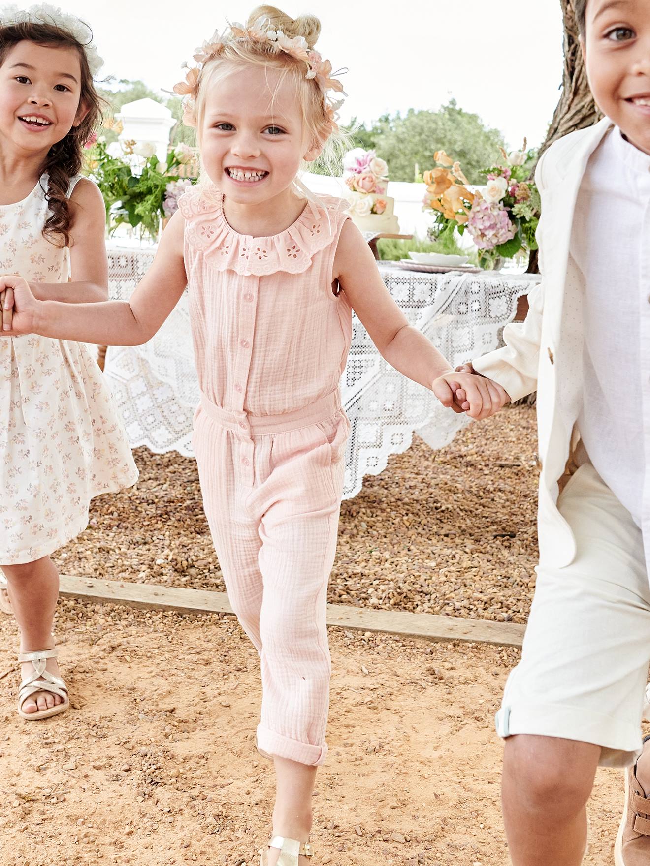 Vertbaudet - Combinaison longue cérémonie en gaze de coton fille col en broderie anglaise rose pâle