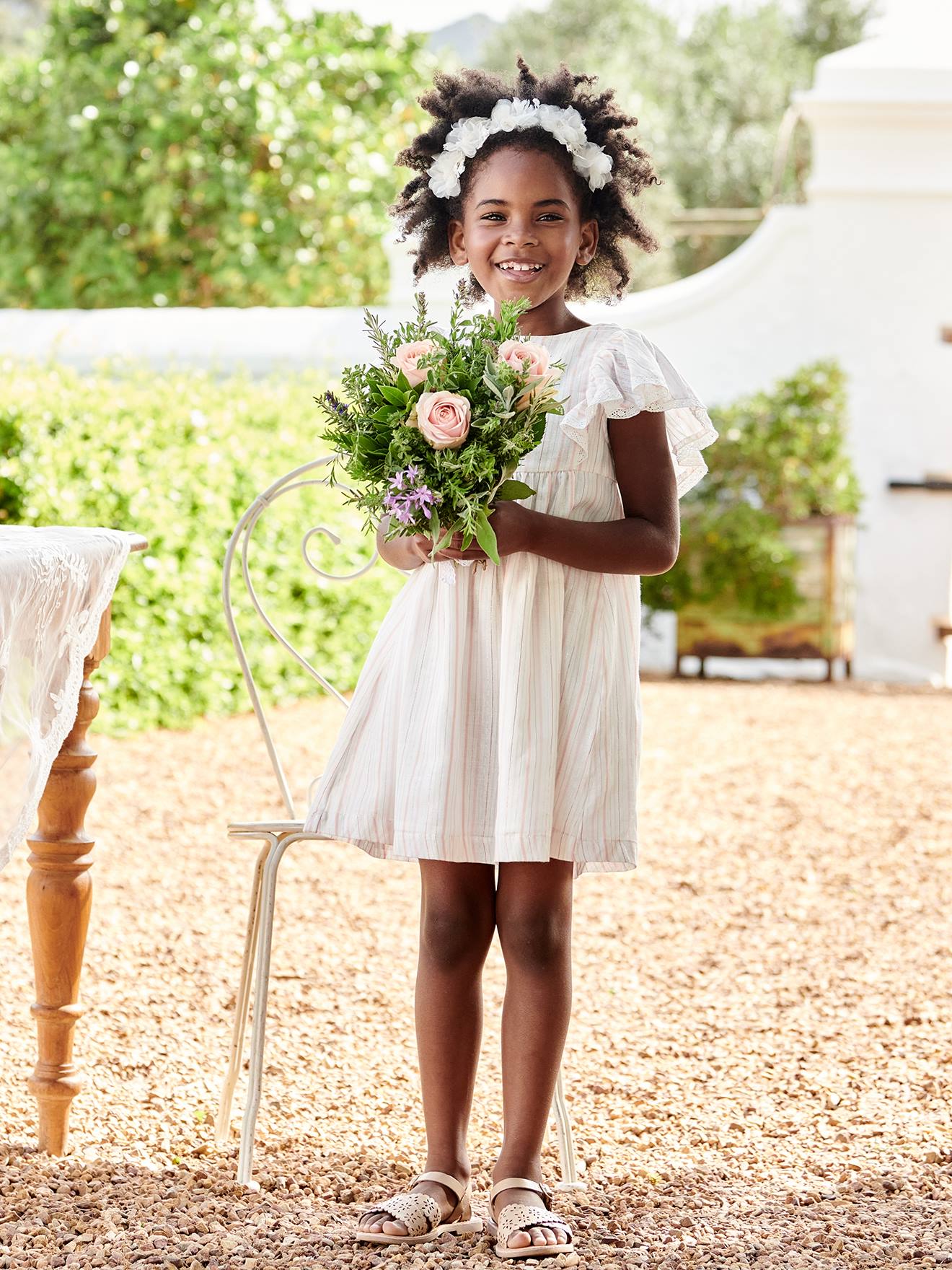 Robe cérémonie rayée fil brillant fille écru