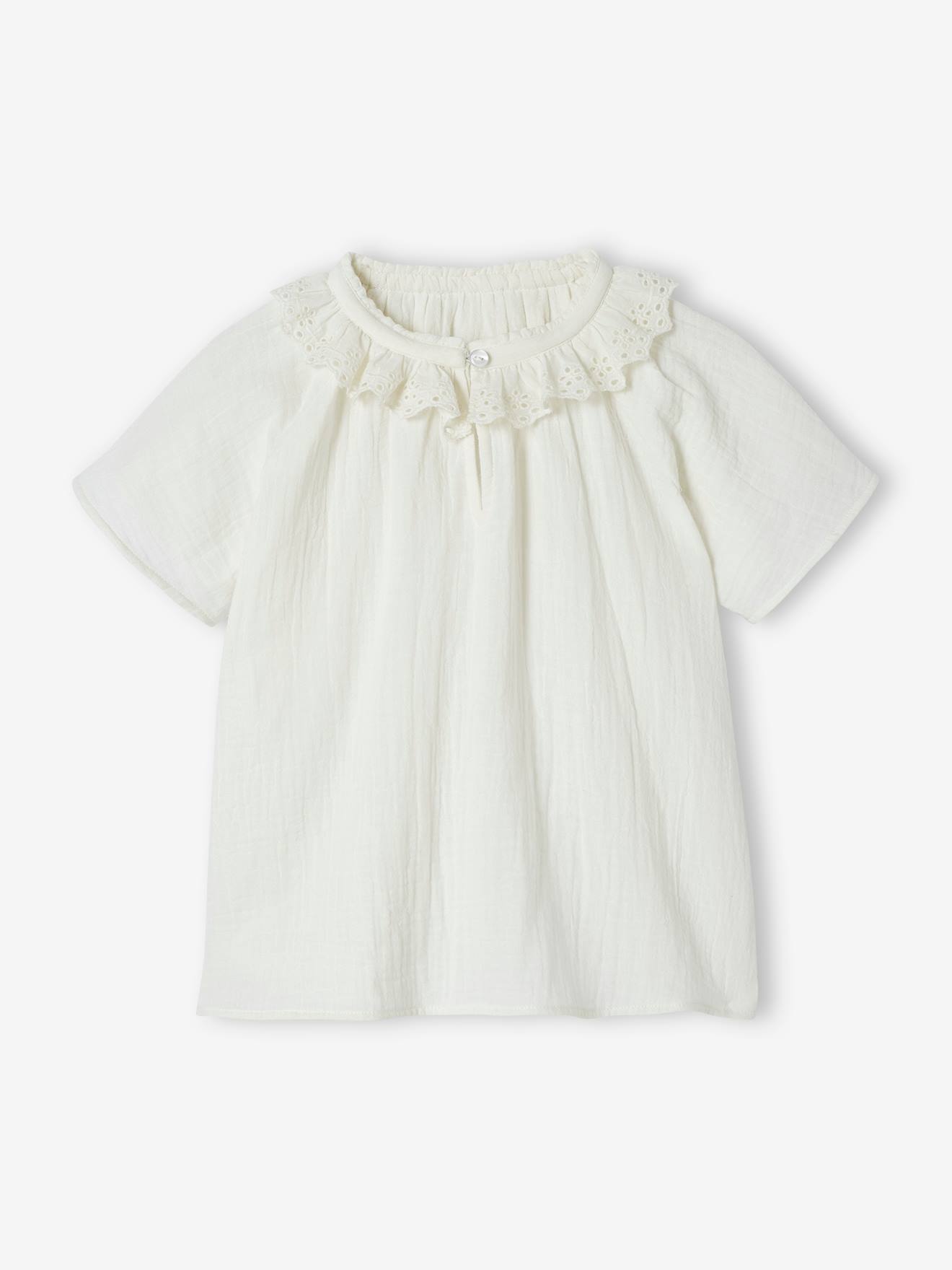 Blouse en gaze de coton fille col en broderie anglaise écru