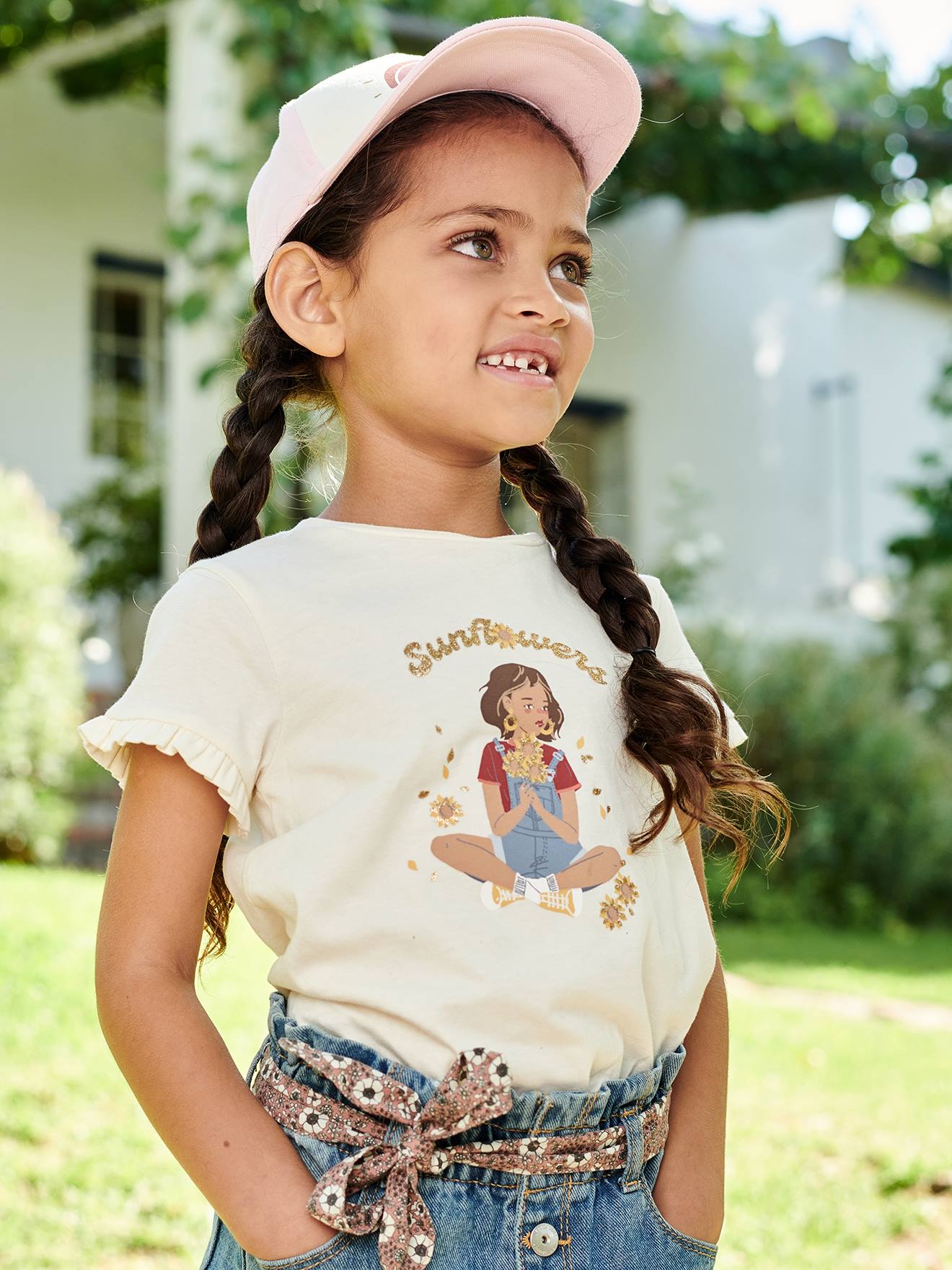 Tee-shirt Egérie fille manches courtes volantées écru