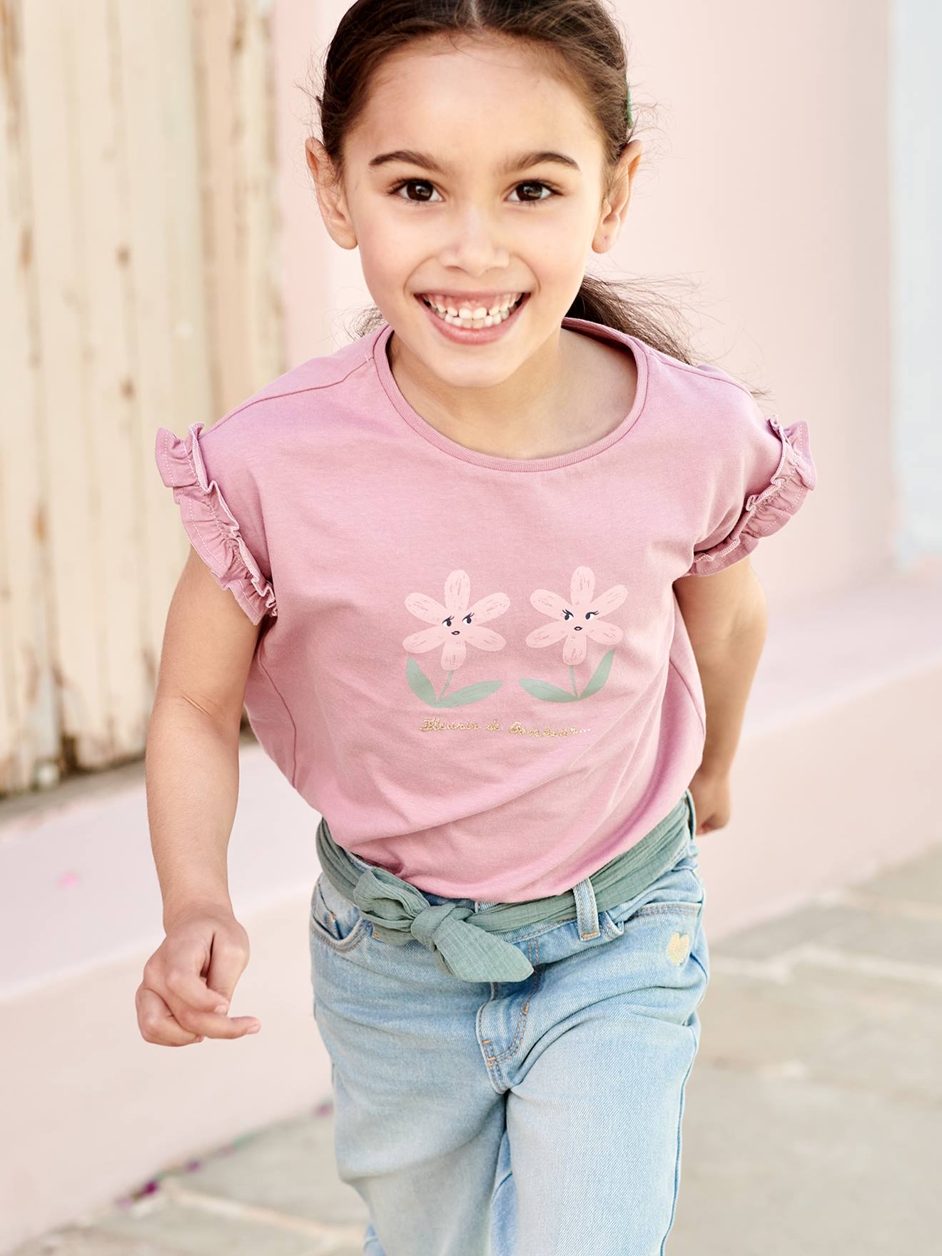 T-shirt fille motif fantaisie manches courtes volantées mauve