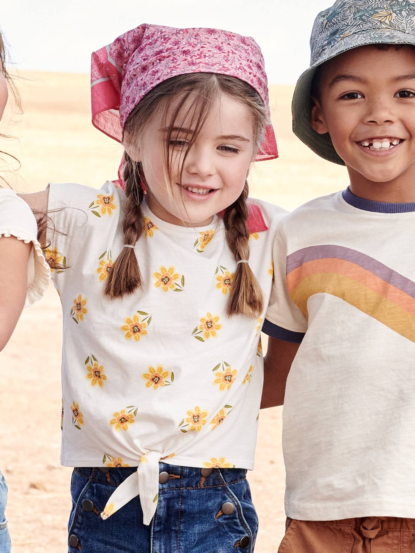 T-shirt imprimé fille avec noeud fantaisie écru