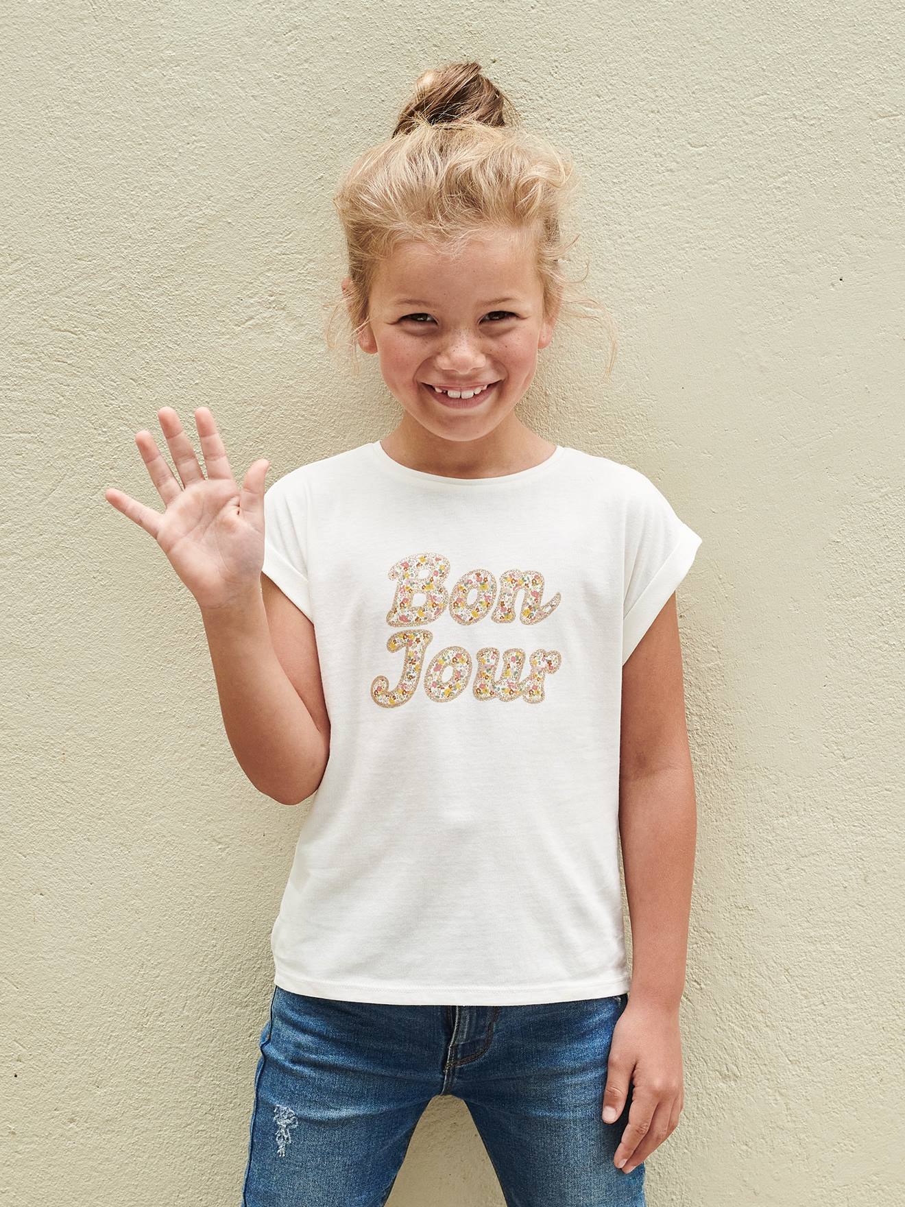 T-shirt à message motifs fleurs fille écru