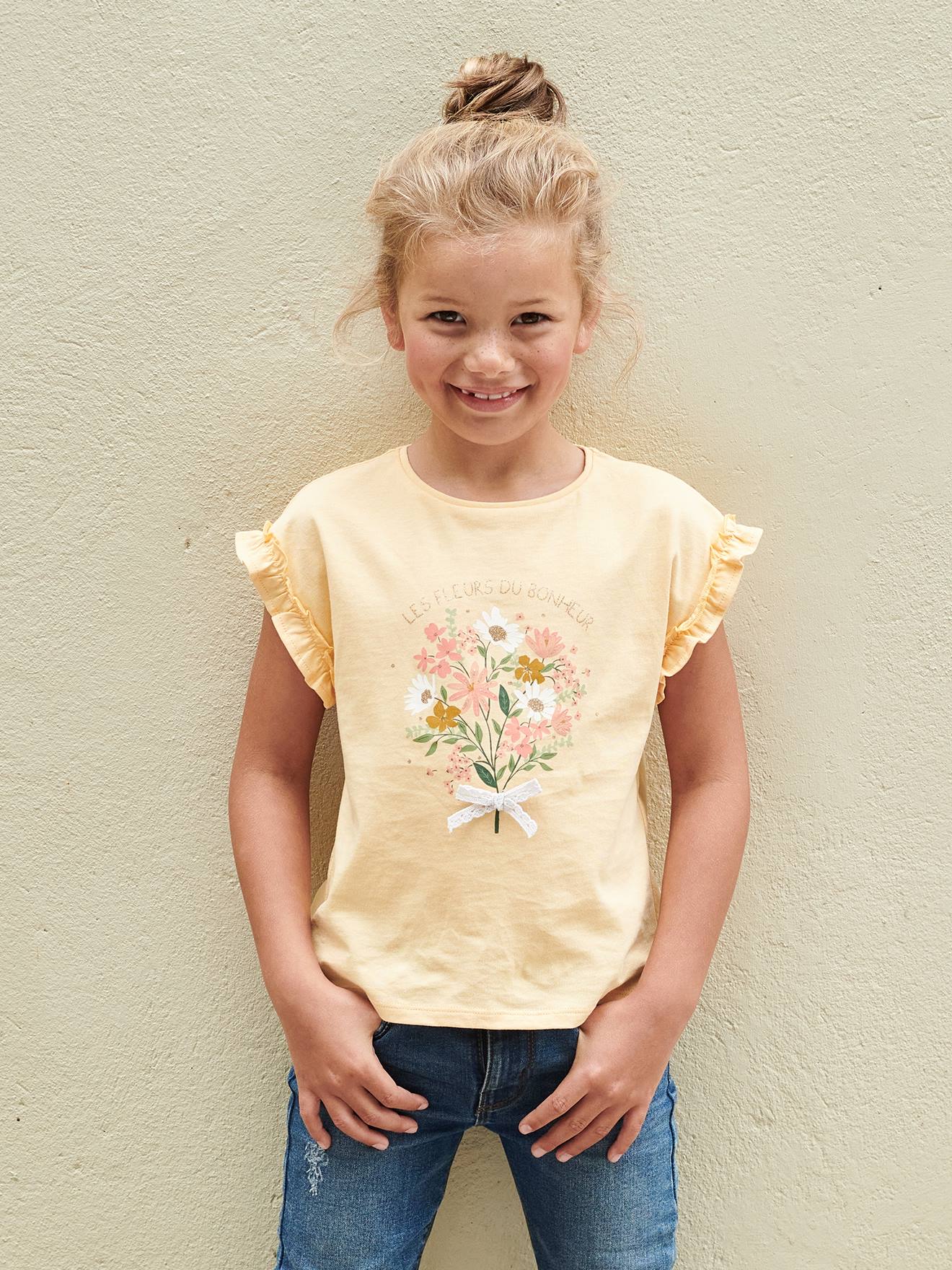 T-shirt fille motif fantaisie manches courtes volantées jaune pâle