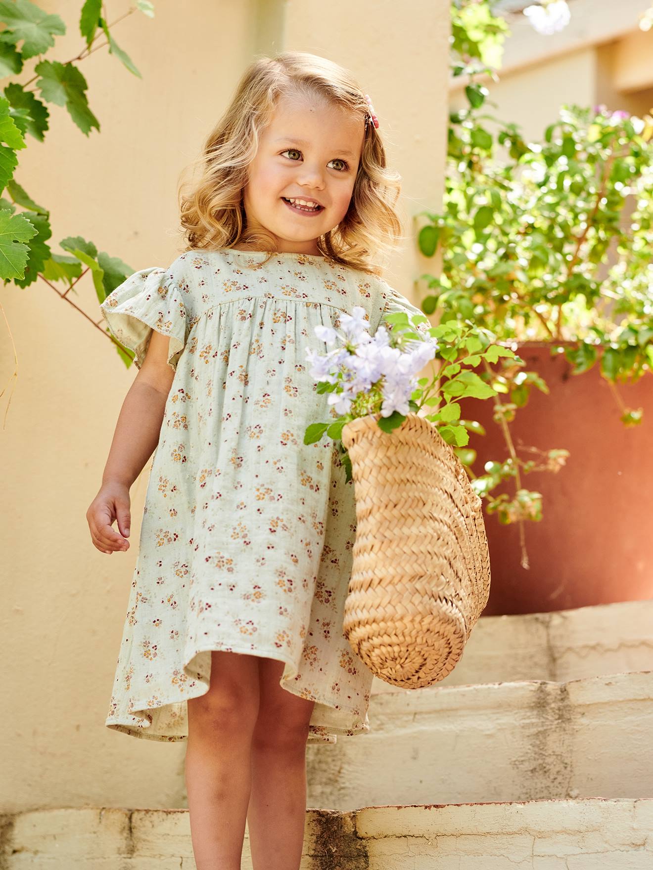 Robe fille en gaze de coton imprimée manches papillon vert d'eau