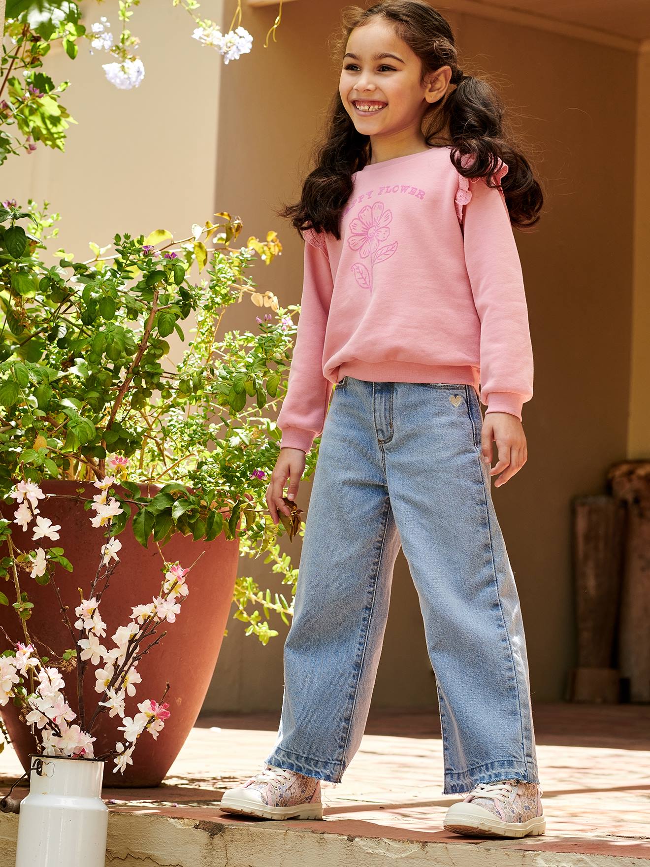 Jean large fille bas effiloché denim bleached