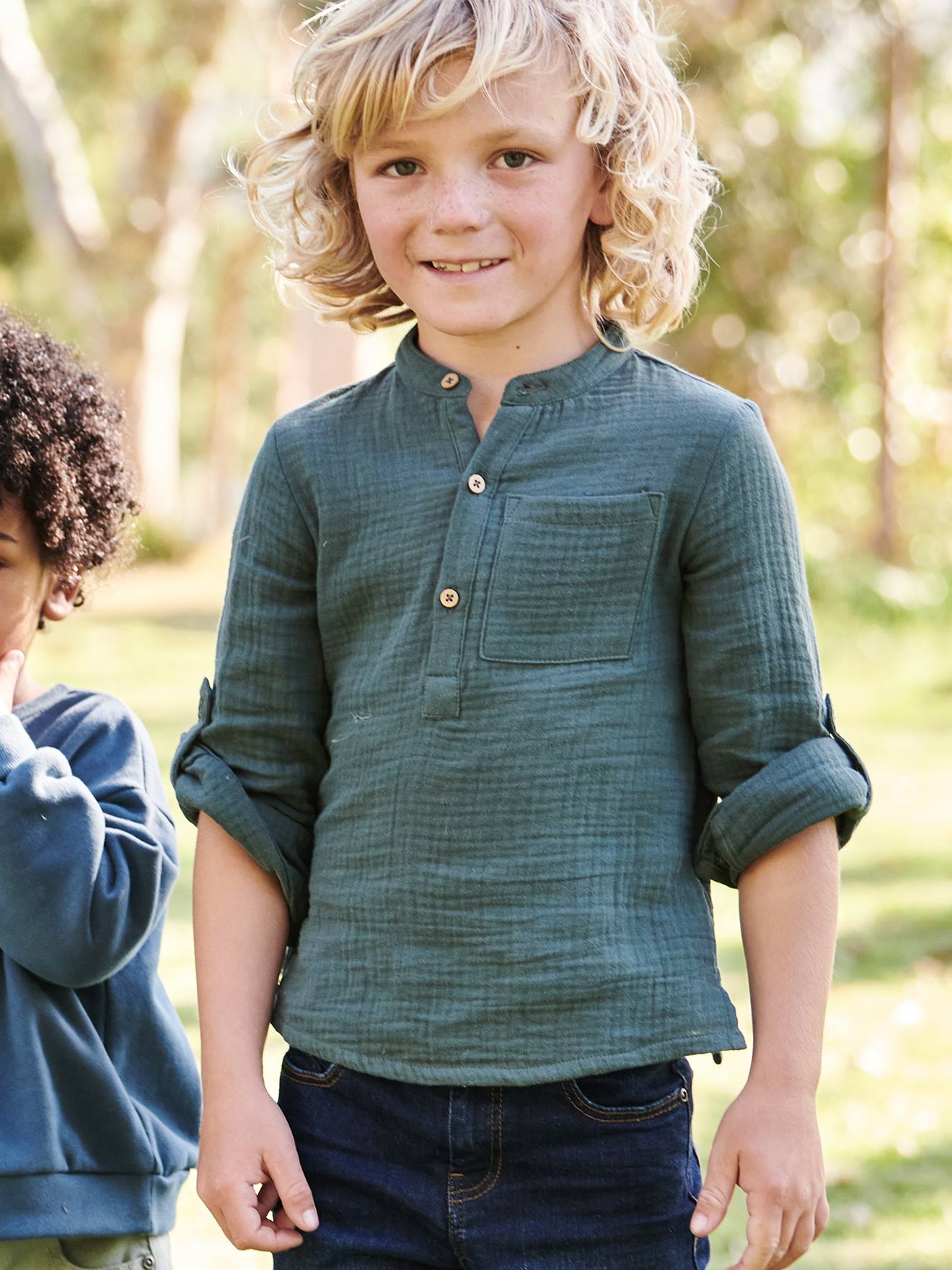 Chemise en gaze de coton personnalisable garçon manches retroussables vert