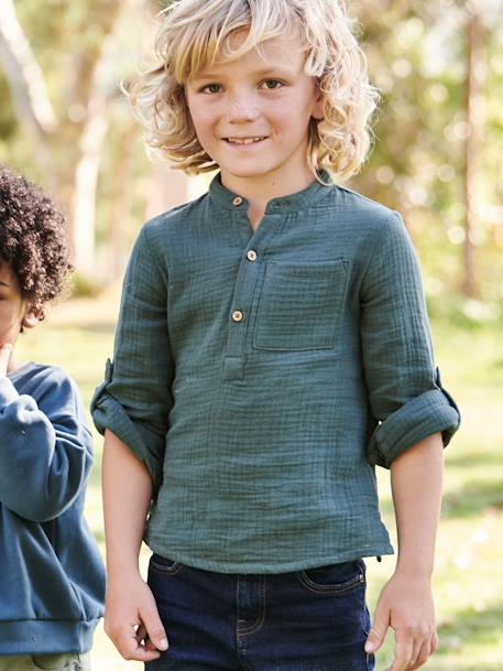 Vêtements bébé et enfants à personnaliser-Garçon-Chemise en gaze de coton personnalisable garçon manches retroussables