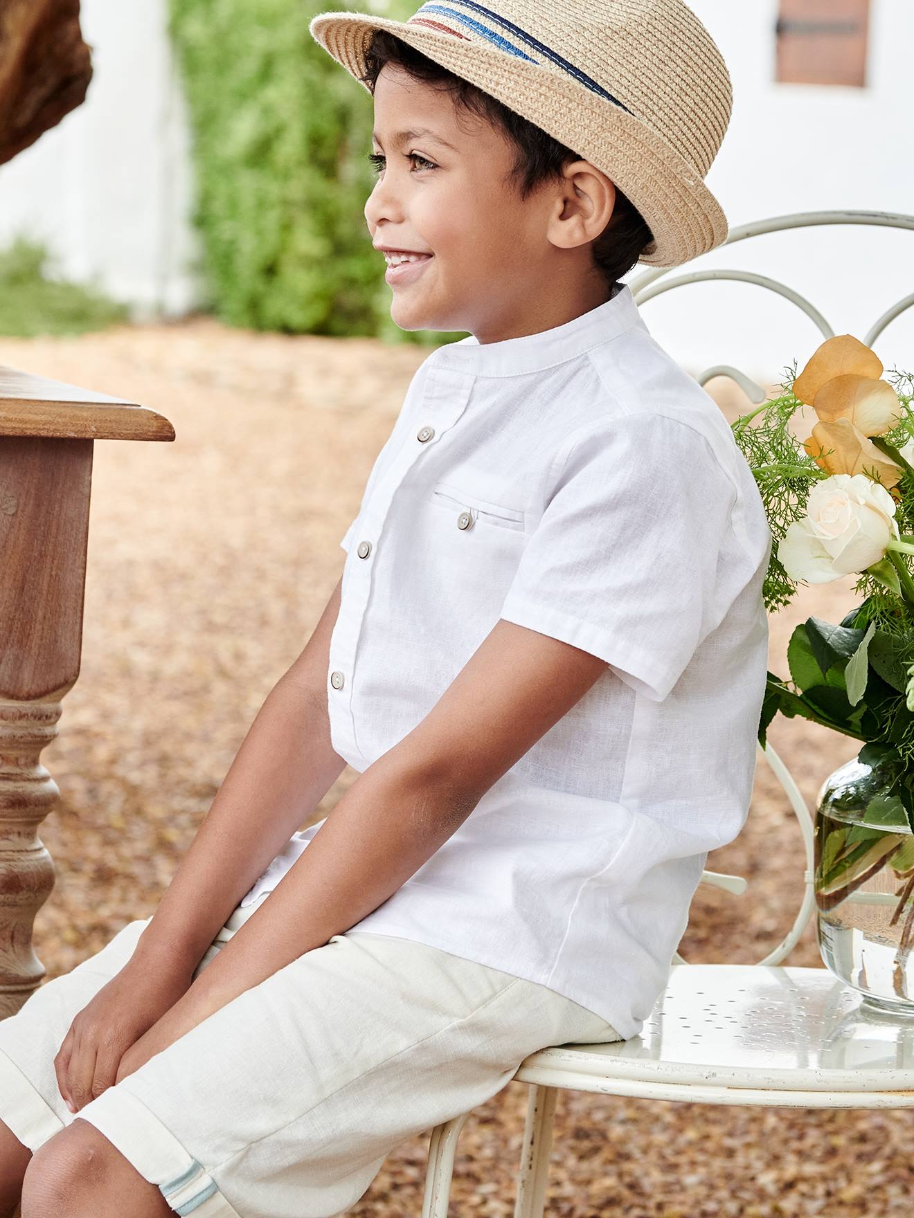 Chemise Garçon Vertbaudet à Rayures, Col Mao, En Mélange Lin Et Coton - Manches Longues Retroussables, Coupe Casual Chic