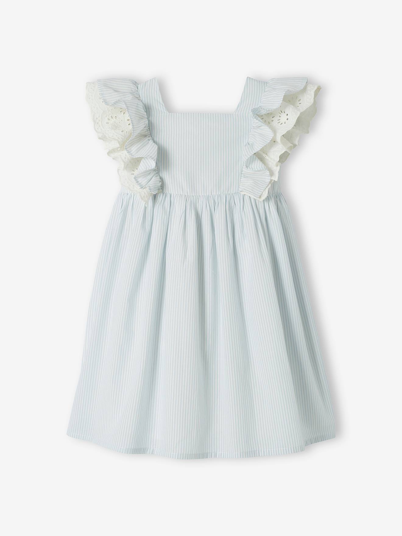 Robe de cérémonie rayée fille manches volantées rayé bleu
