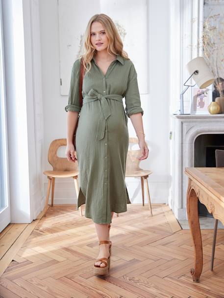 Vertbaudet - Robe-chemise longue gaze de coton grossesse et allaitement olive