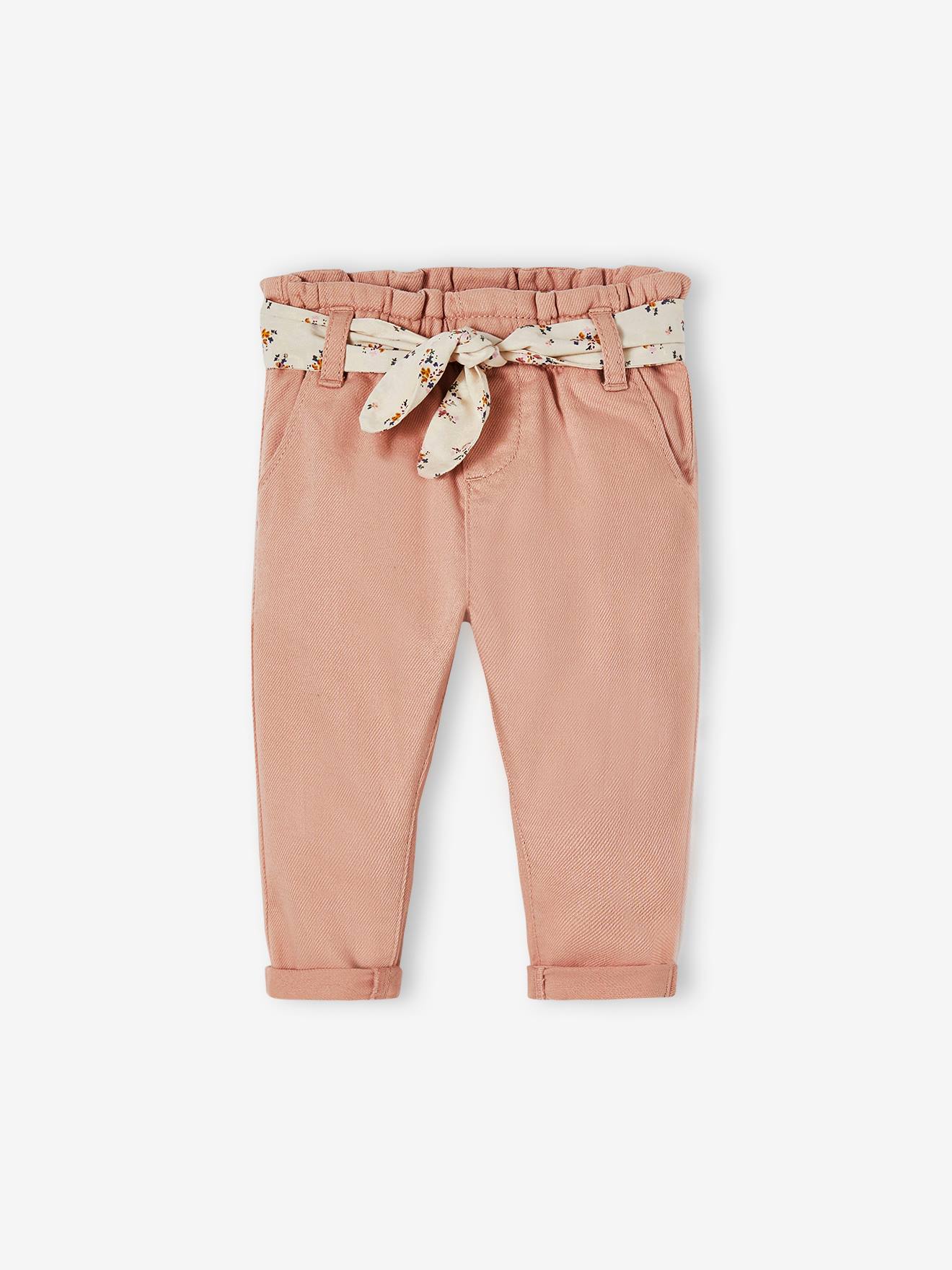 Pantalon paperbag bébé avec ceinture rose poudré