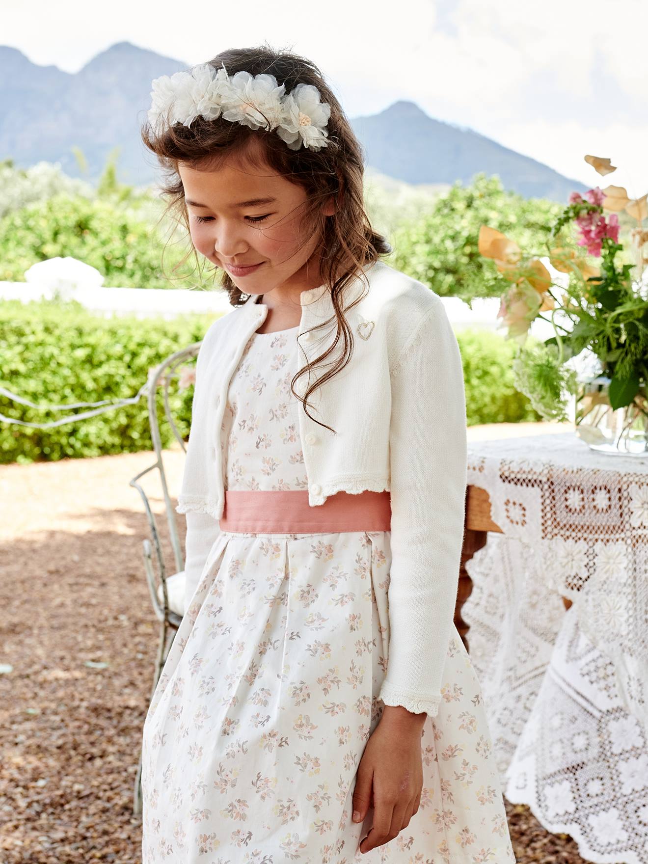 Gilet fille boléro maille pointelle cérémonie écru