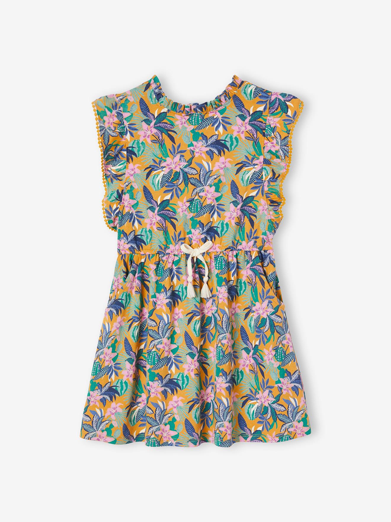 Robe à volants motifs exotiques fille moutarde