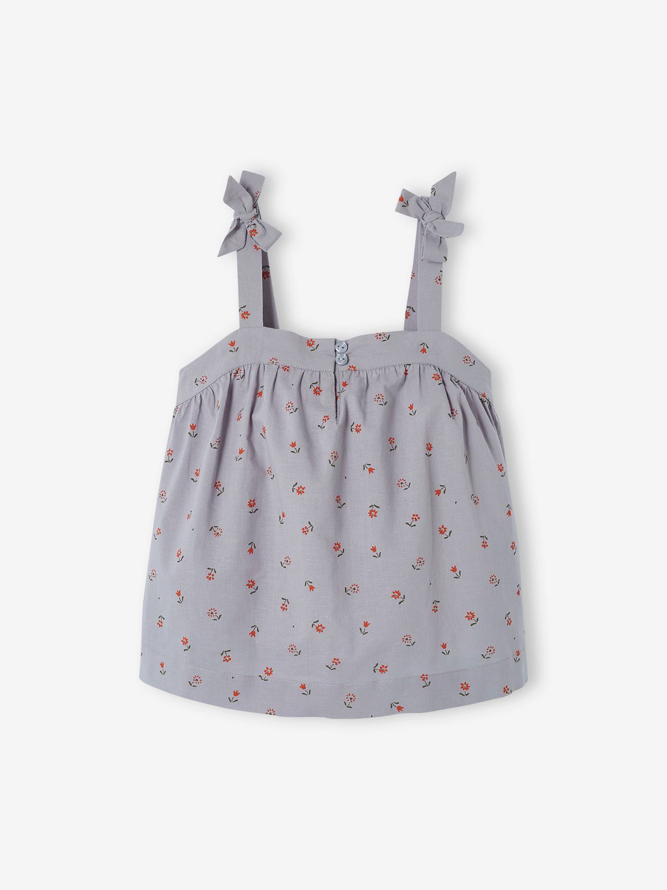 Blouse à bretelles imprimée fleurs fille bleu grisé