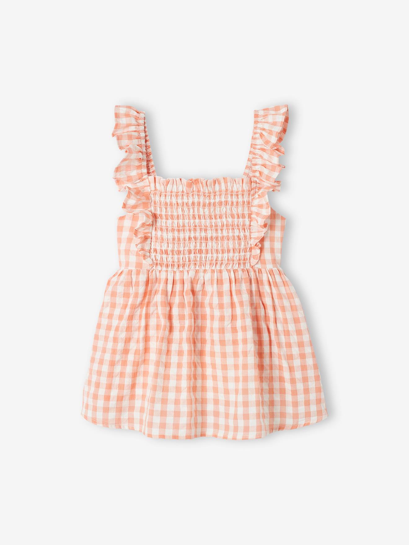 Blouse smockée à bretelles volantées fille corail