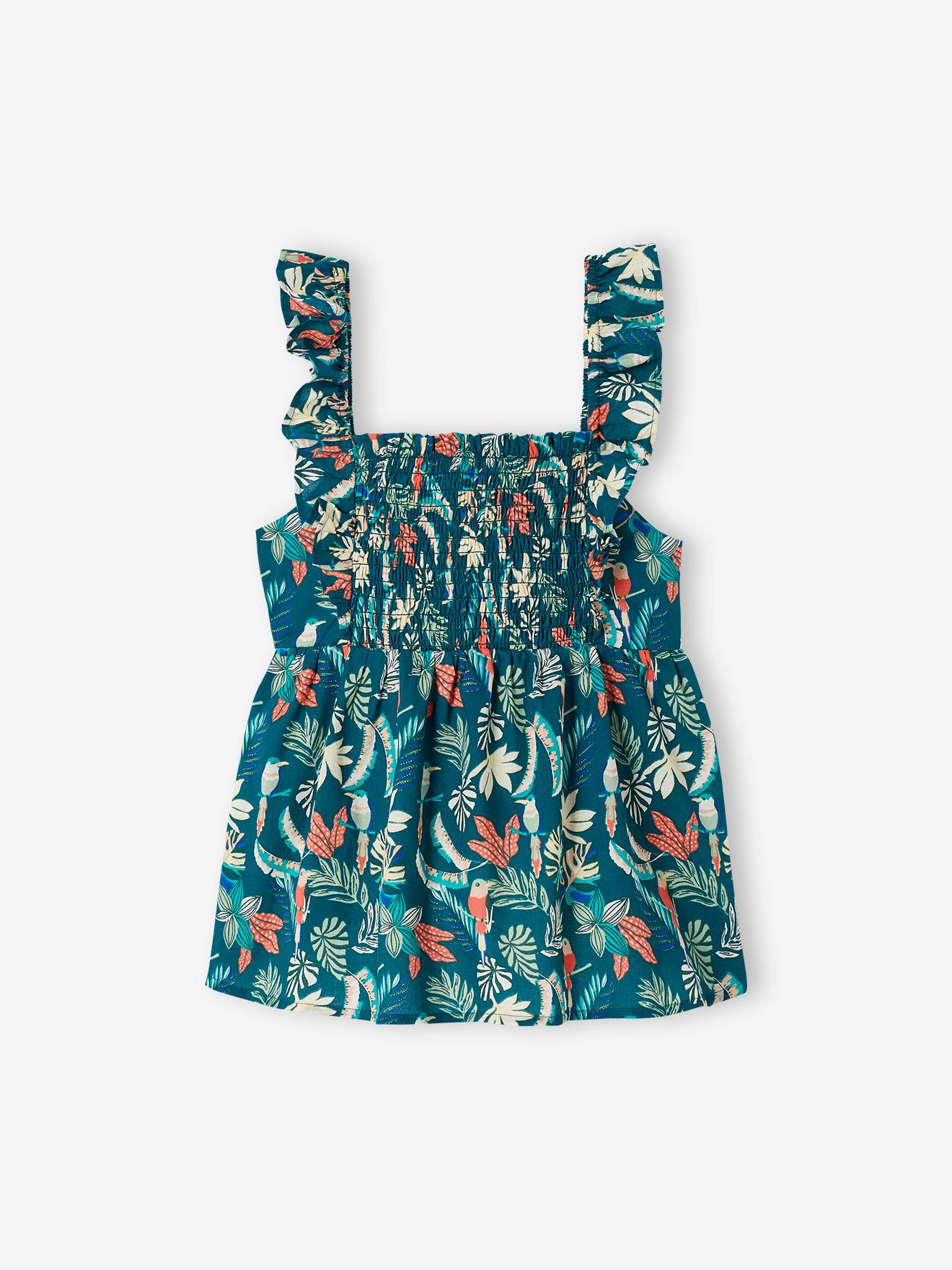 Blouse smockée à bretelles volantées fille vert