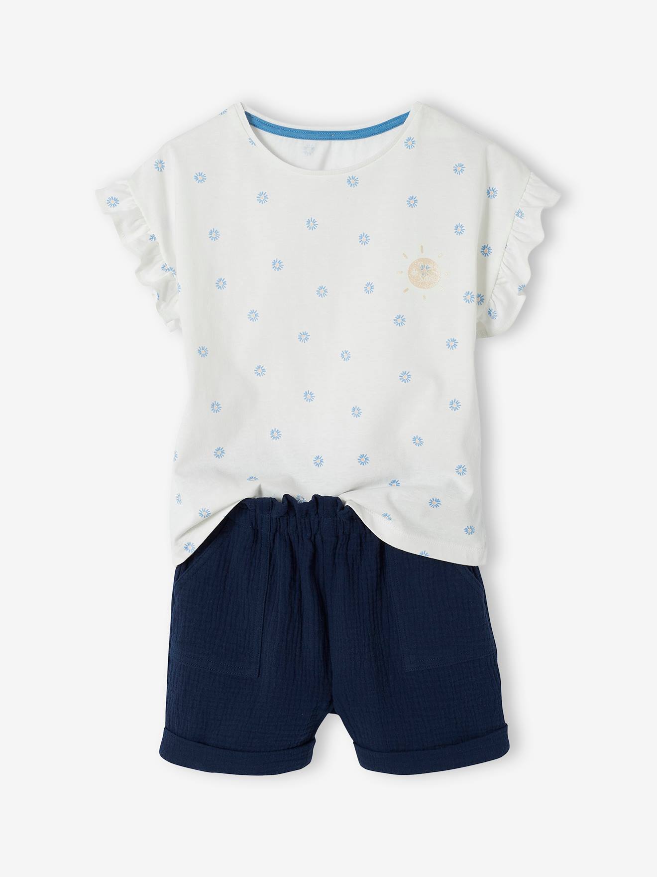 Ensemble t-shirt et short en gaze de coton fille marine