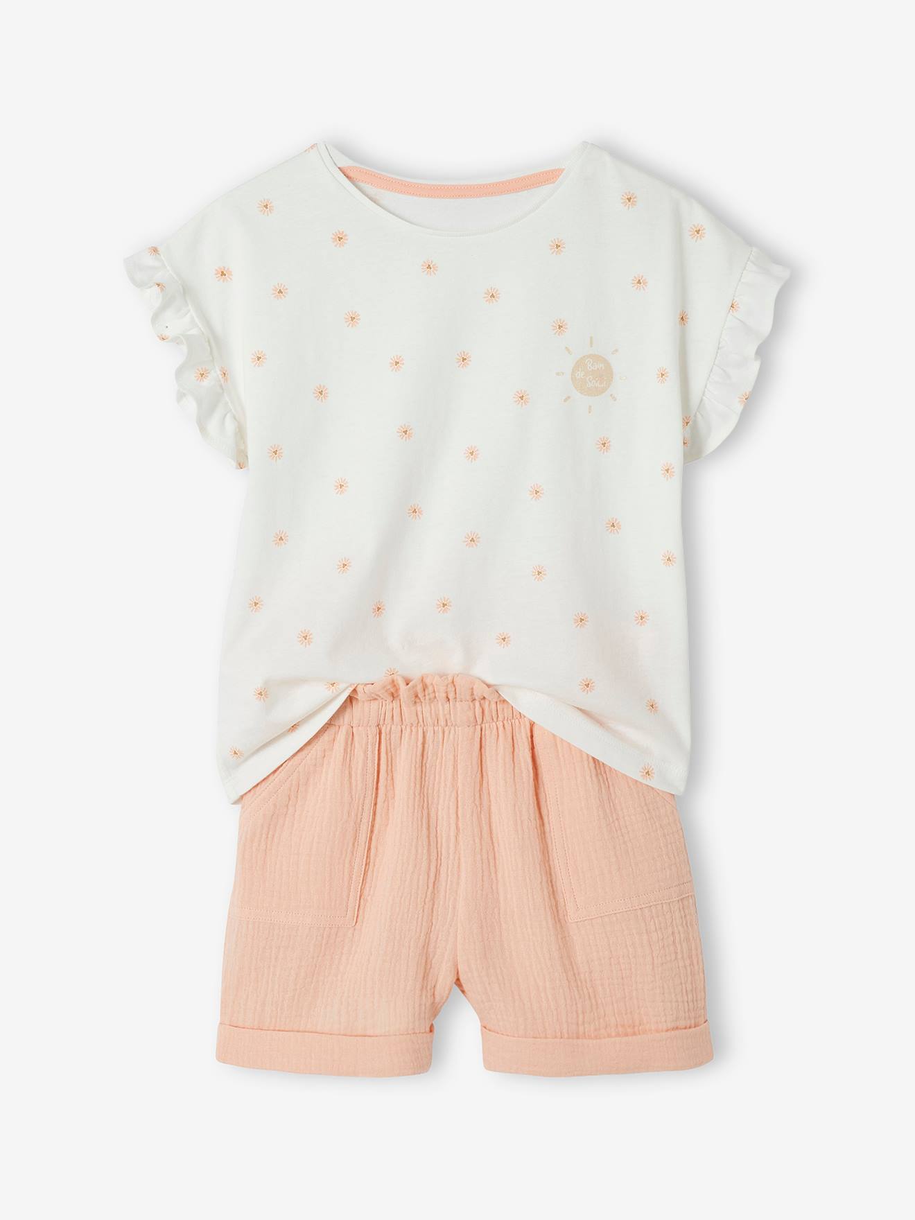 Ensemble t-shirt et short en gaze de coton fille pêche
