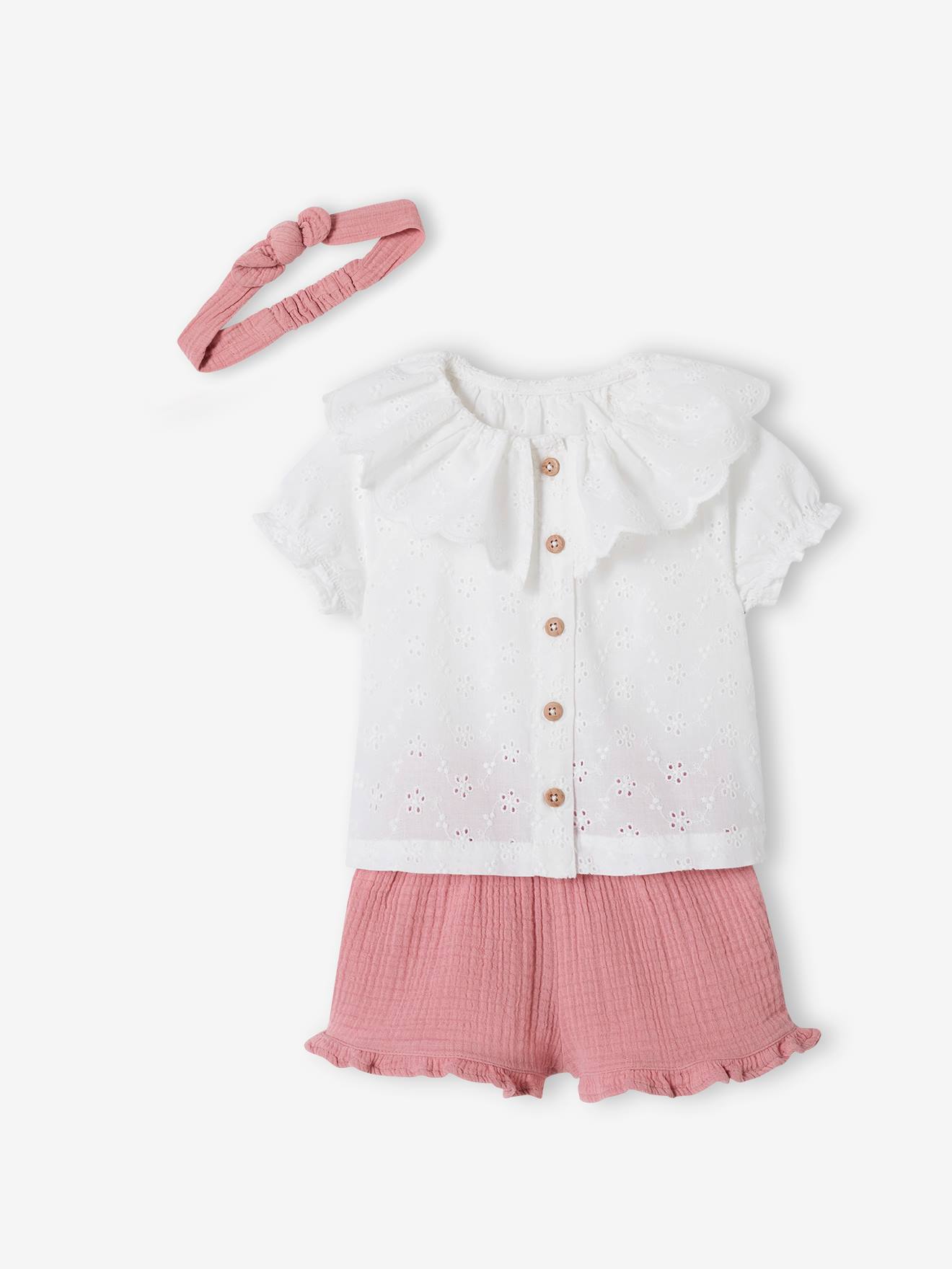Ensemble 3 pièces bébé blouse brodée, short en gaze de coton et son bandeau assorti rose