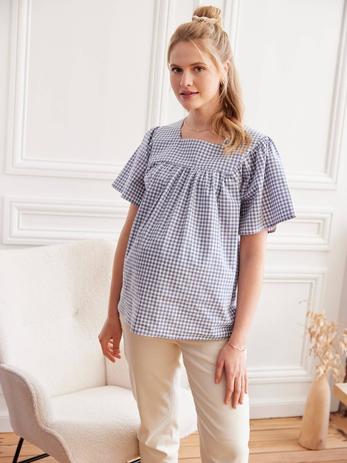 Blouse de grossesse carreaux vichy bleu grisé