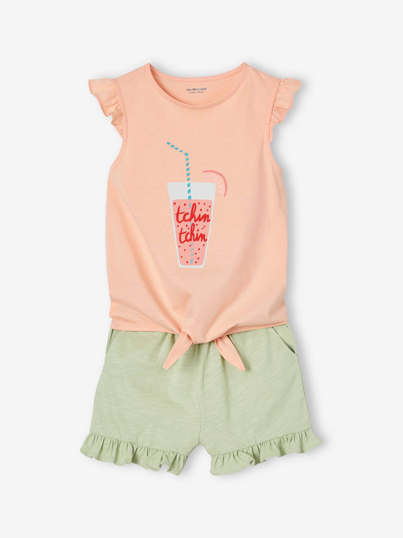 Vertbaudet - Ensemble T-shirt effet noué et short à volants fille vert d'eau