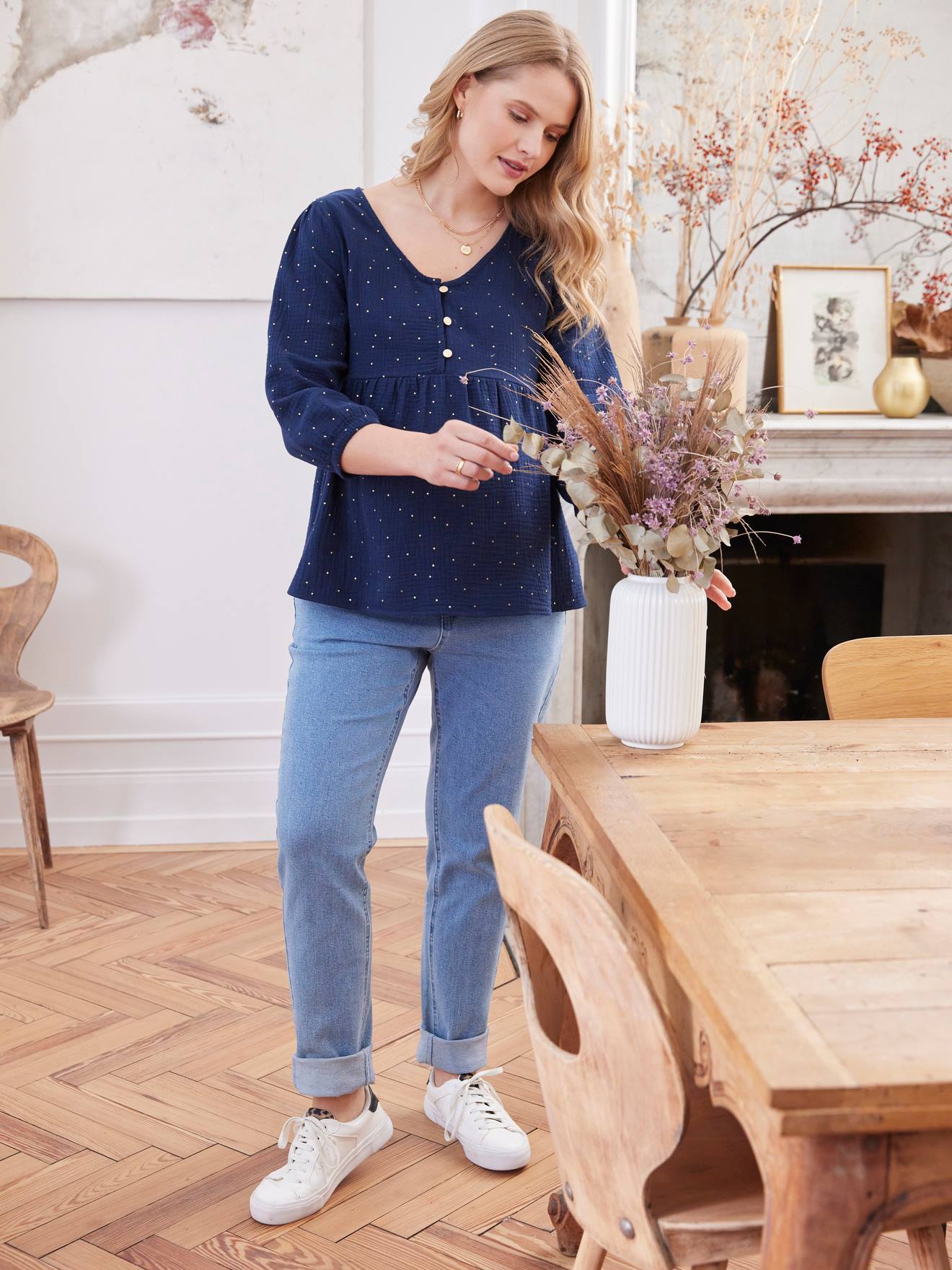 Vertbaudet - Blouse de grossesse et d'allaitement gaze de coton bleu