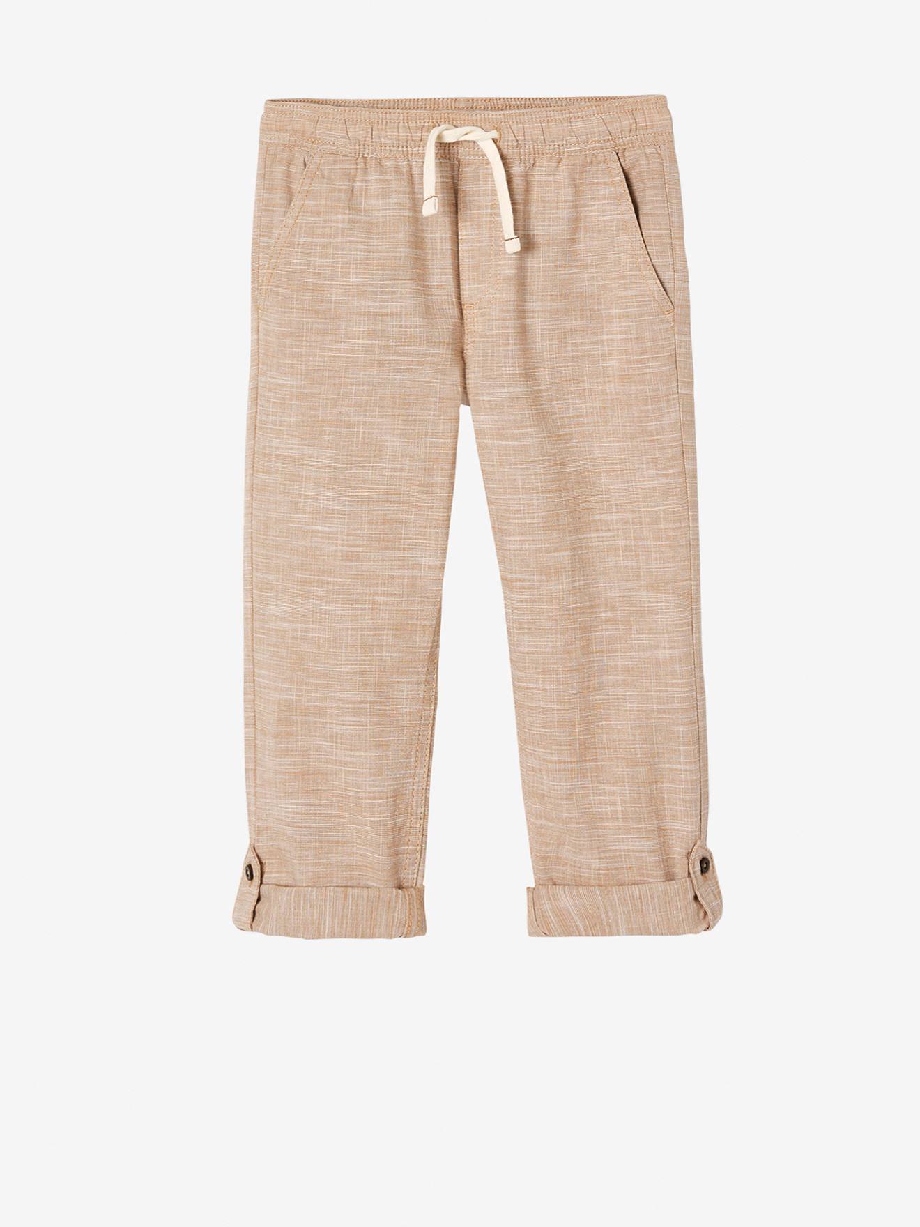 Pantalon garçon retroussable en pantacourt léger aspect lin tissé beige chiné