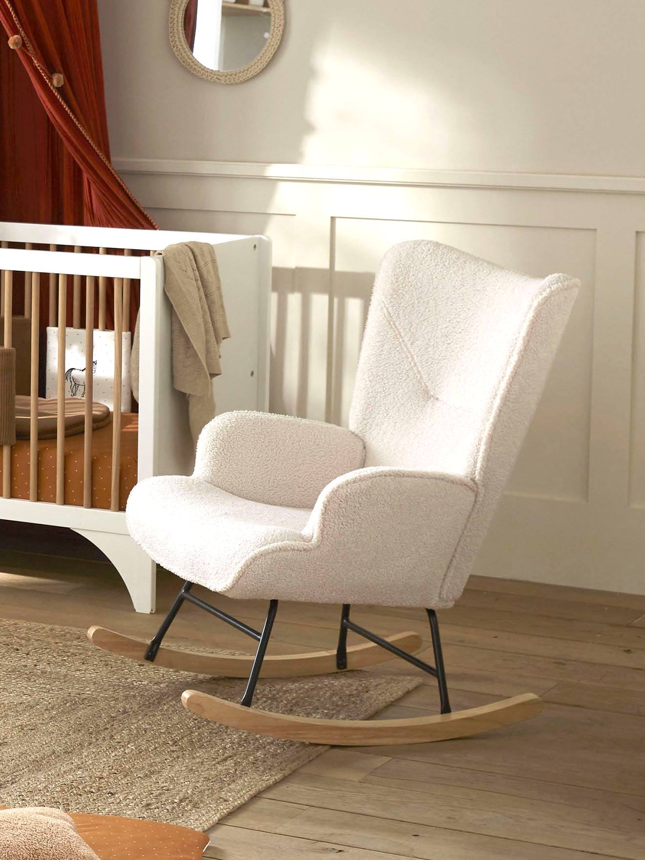 Fauteuil à Bascule Chaise Berçante Allaitement Bébé en Tissu Bouclette  Rocking Chair Style Scandinave en Bois