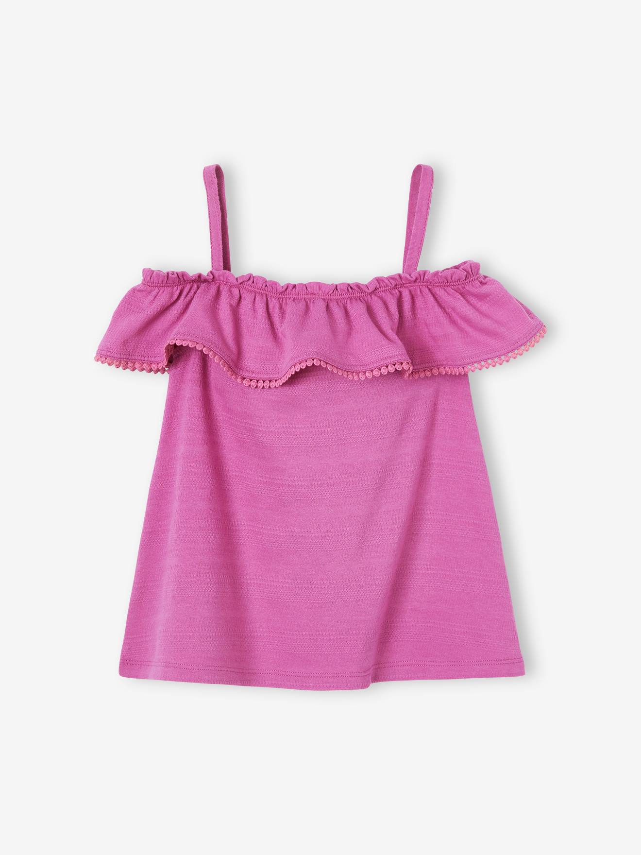 Débardeur volanté fille en tissu fantaisie reliéfé pivoine
