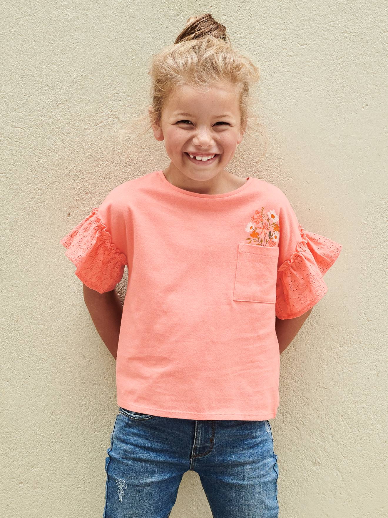 T-shirt manches à volants en broderie anglaise fille pêche