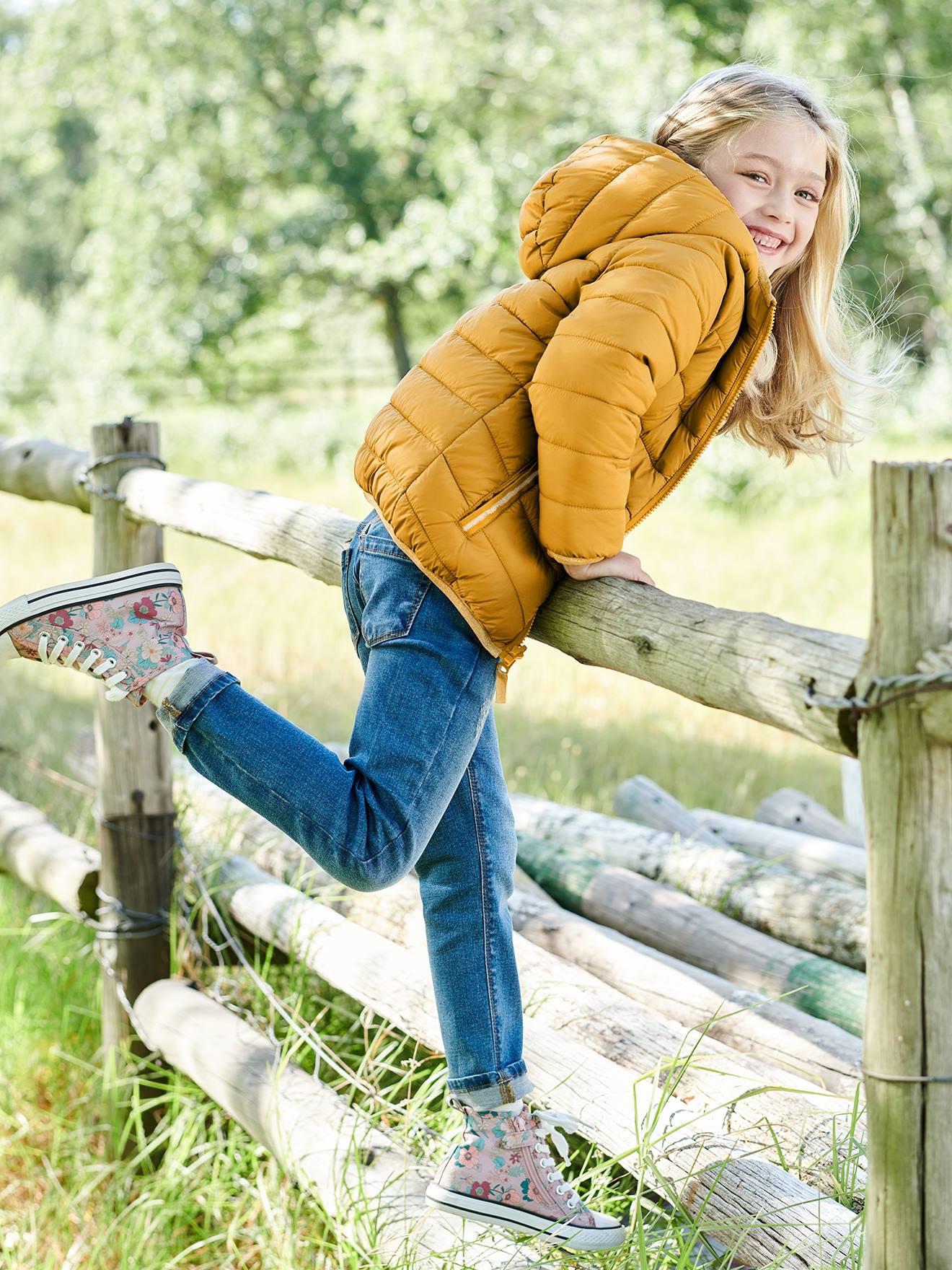 Doudoune légère réversible fille beige clair imprime