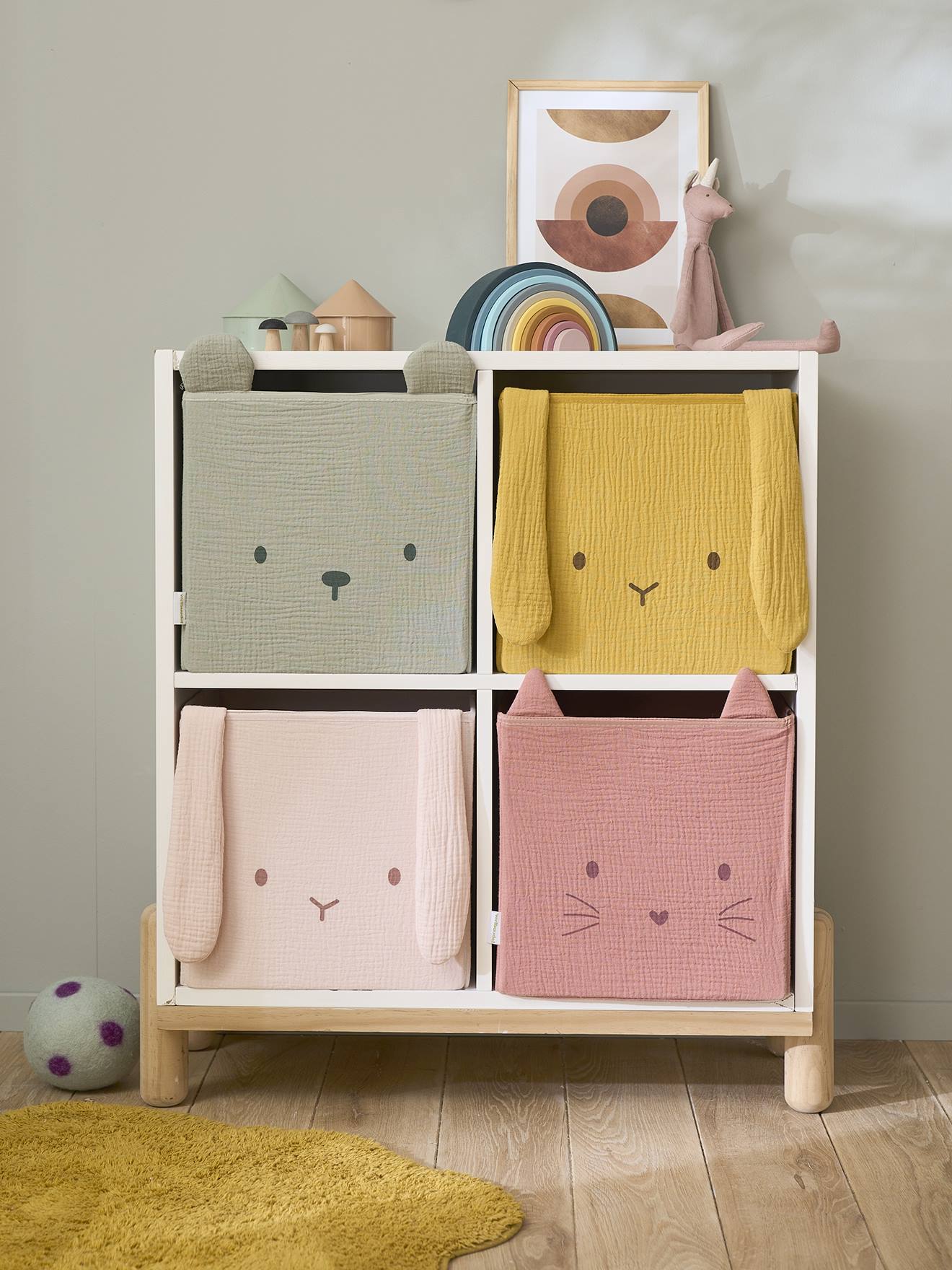Lot de 2 bacs de rangement animaux gaze de coton lot jaune (Vertbaudet) - Image 1