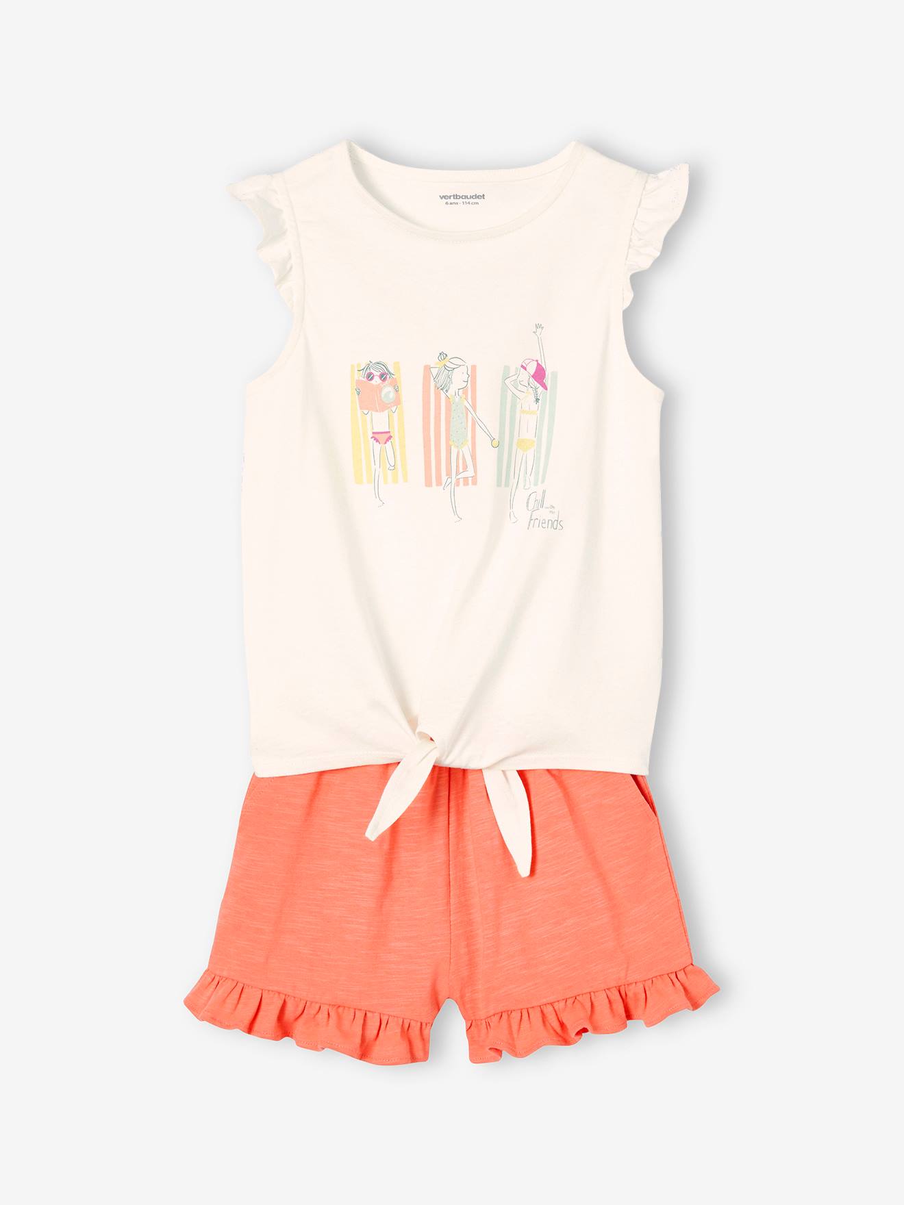 Ensemble T-shirt effet noué et short à volants fille corail