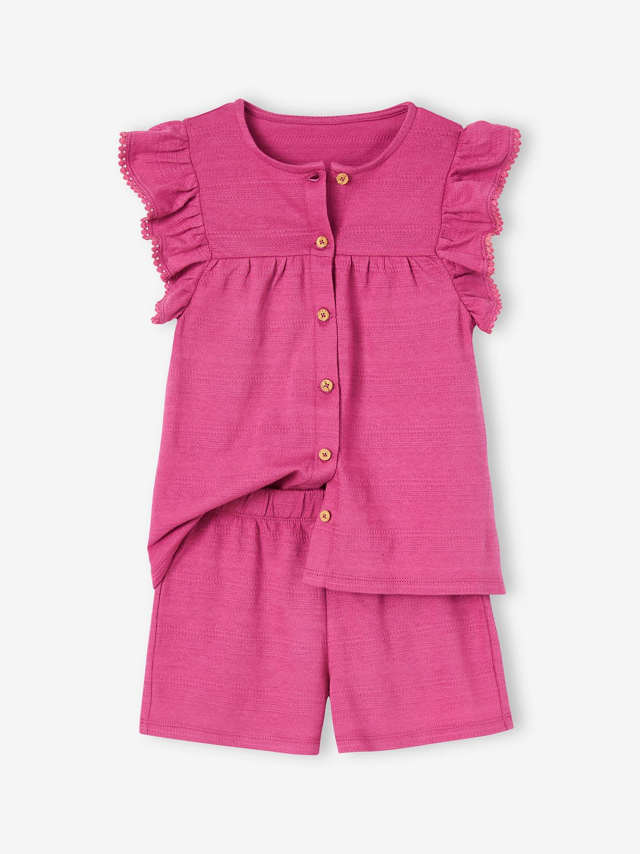 Ensemble top volanté et short en maille fantaisie fille pivoine