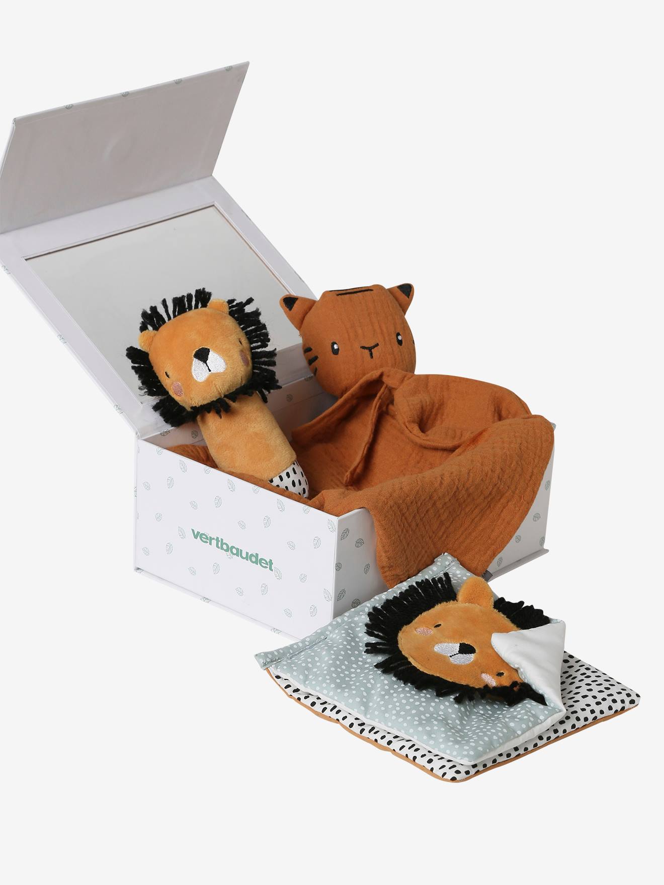 Coffret cadeau 3 pièces : doudou lange personnalisable + hochet + livre imagier tanzanie (Vertbaudet) - Image 1
