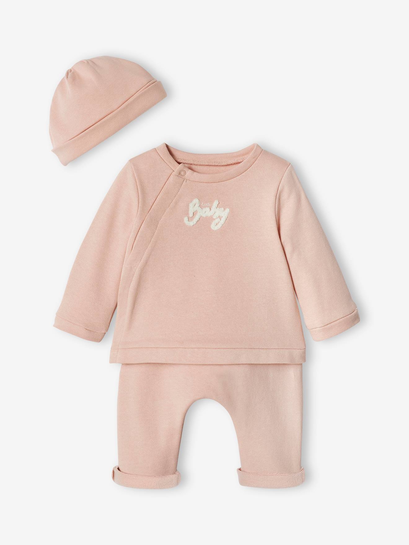 Ensemble bébé 3 pièces en molleton naissance rose poudré