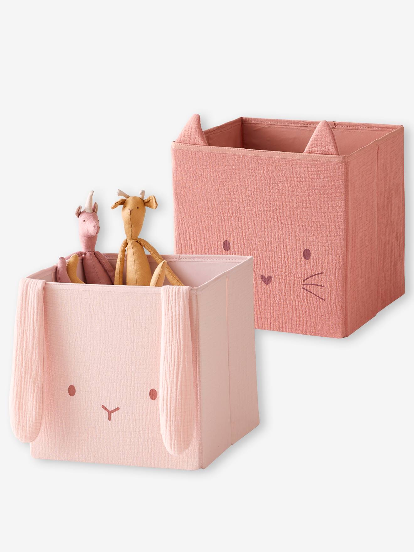 Lot de 2 bacs de rangement animaux gaze de coton lot rose