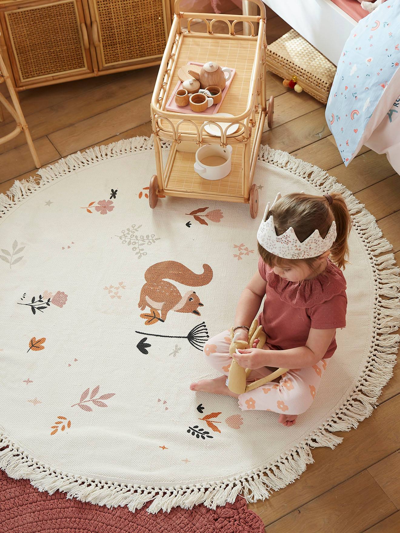 Tapis rond écureuil à pompons Princesse Nature écru / multicolore