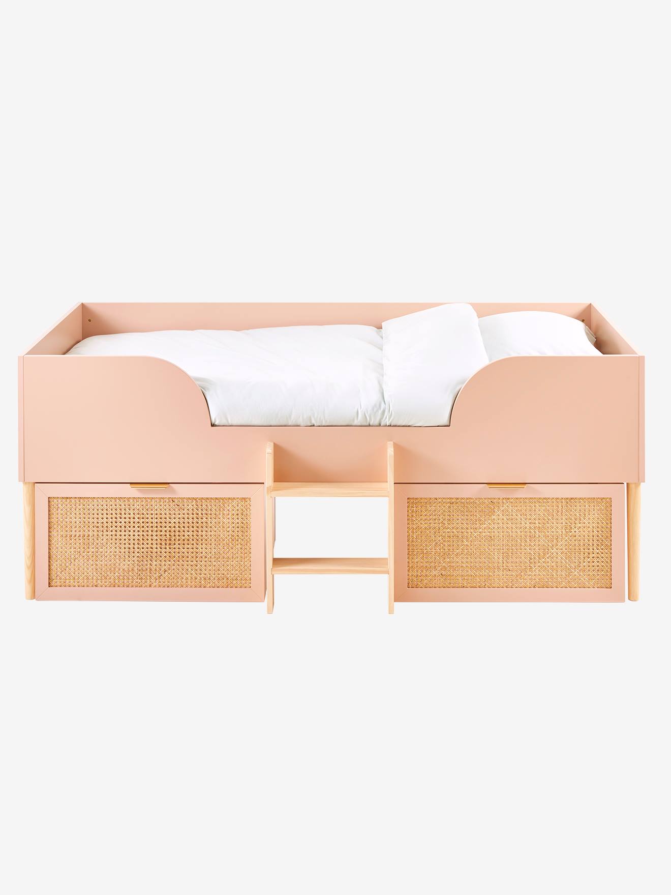 Lit enfant surélevé avec rangements cannage LIGNE POÉSIE rose nude